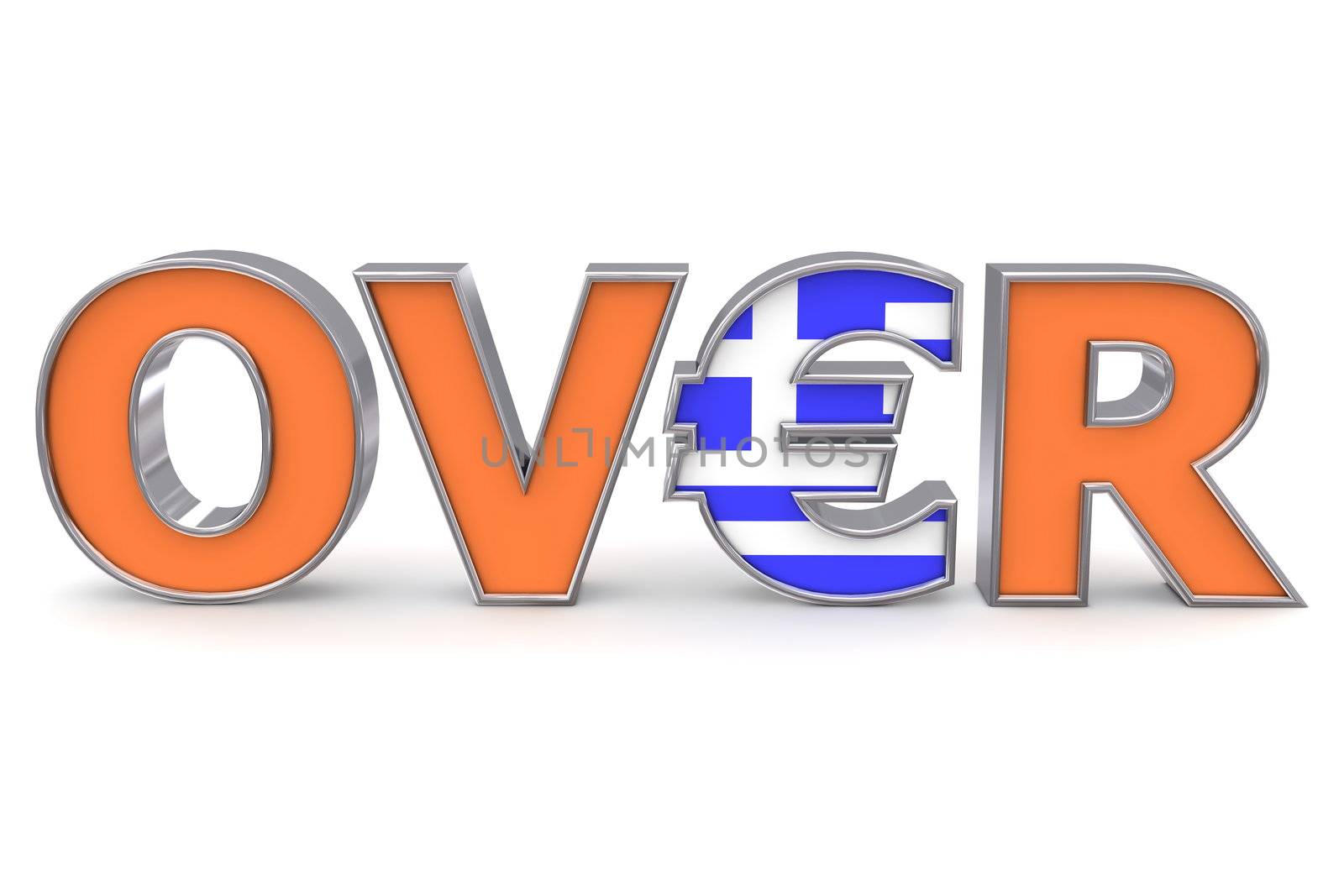 word OVER with orange front and metallic outline - letter E is replace by an Euro symbol with a greek flag on it