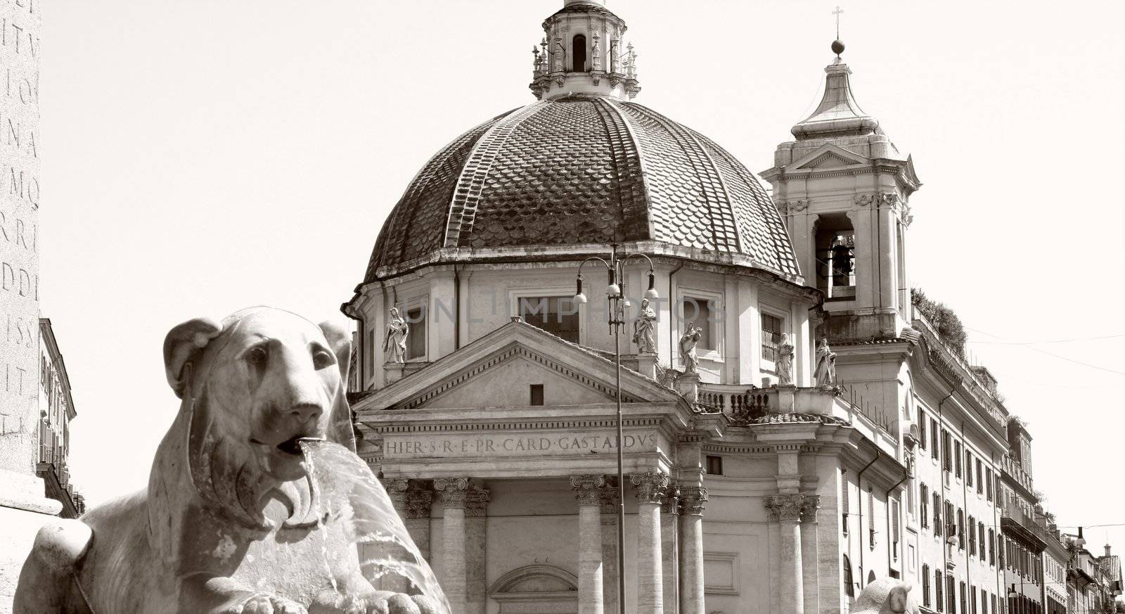 Piazza del Popolo and fountain lion in Rome Italy, black / white photo