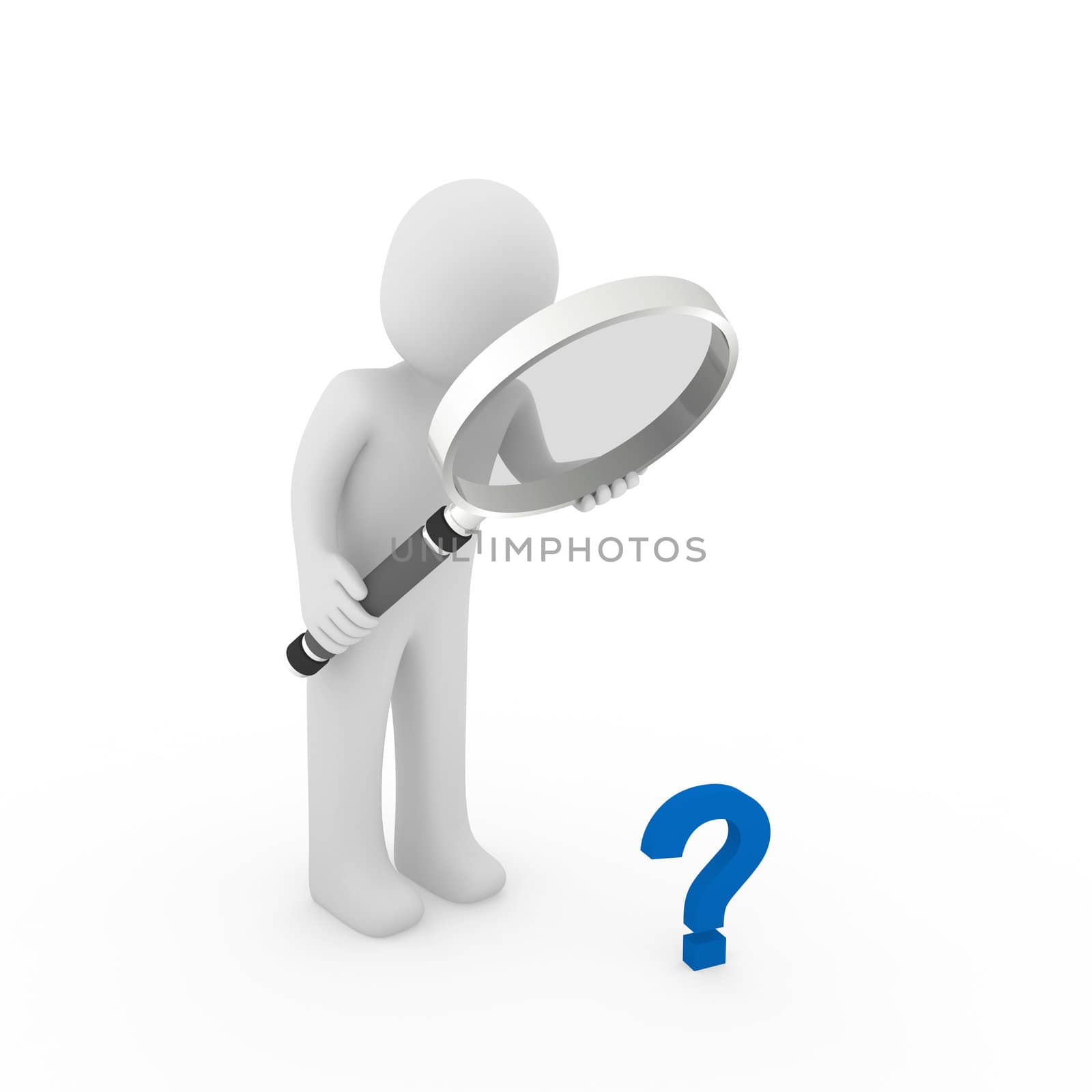 3d man magnifying glass question mark blue search