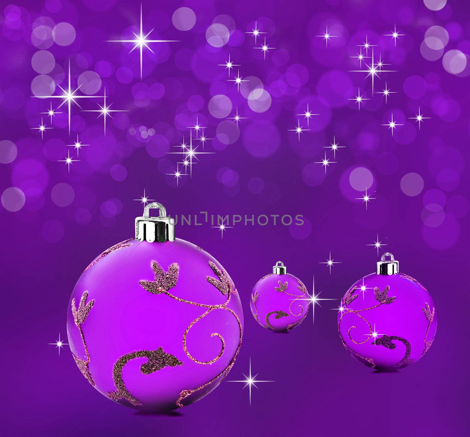 Purple christmas background with decorative bauble balls
