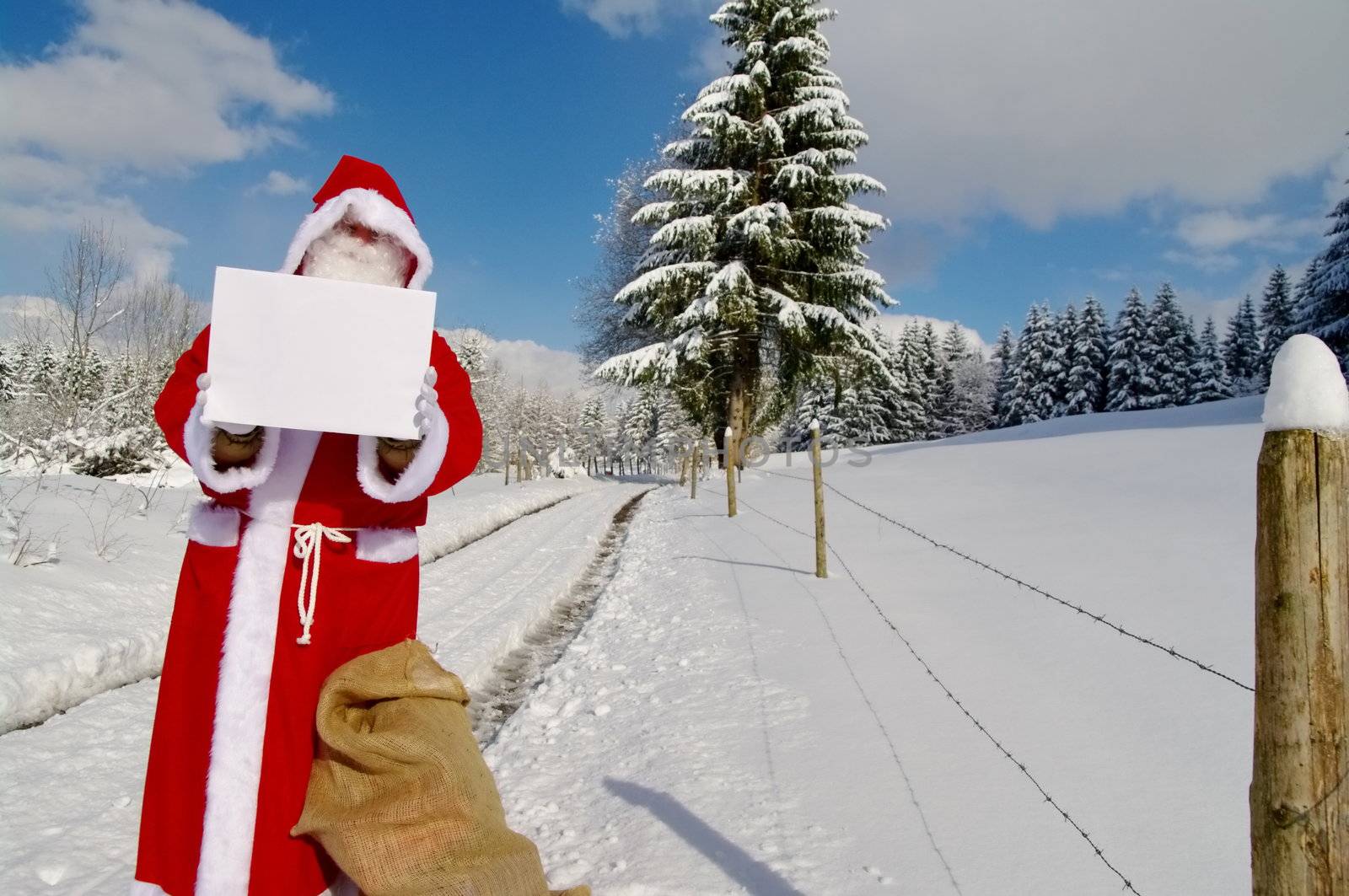 Santa Claus, Father Christmas holding blank sign