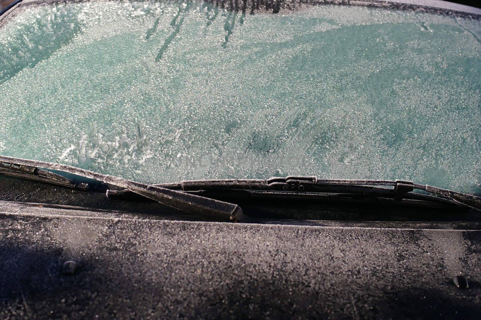 car windshield covered with ice