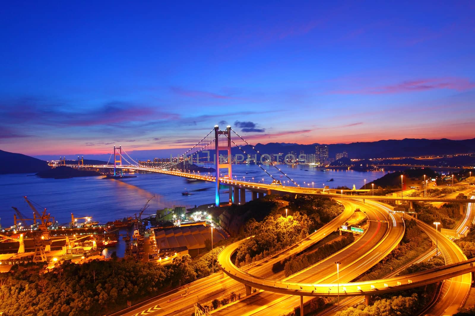 Tsing Ma Bridge at sunset time in Hong Kong