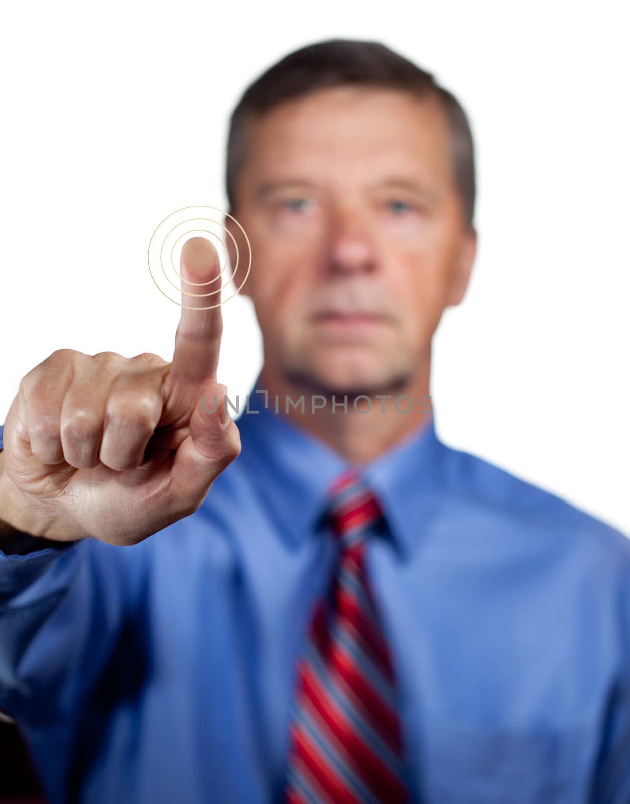 Senior executive or security man opens sensor by pressing finger onto the plate