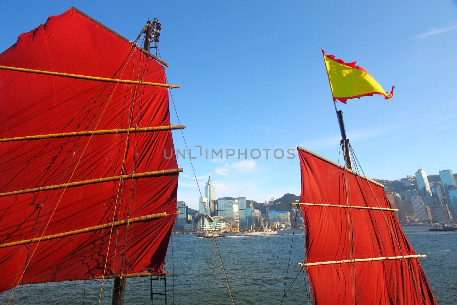 Junk boat flag along the harbour in Hong Kong