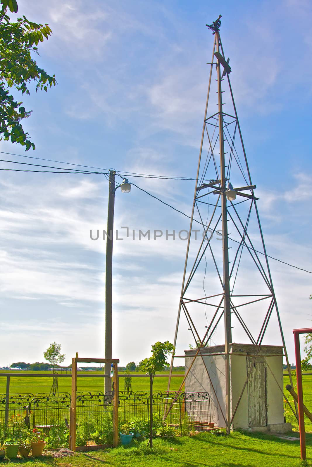 A scene from a rural alfalfa farm, with saturated colors