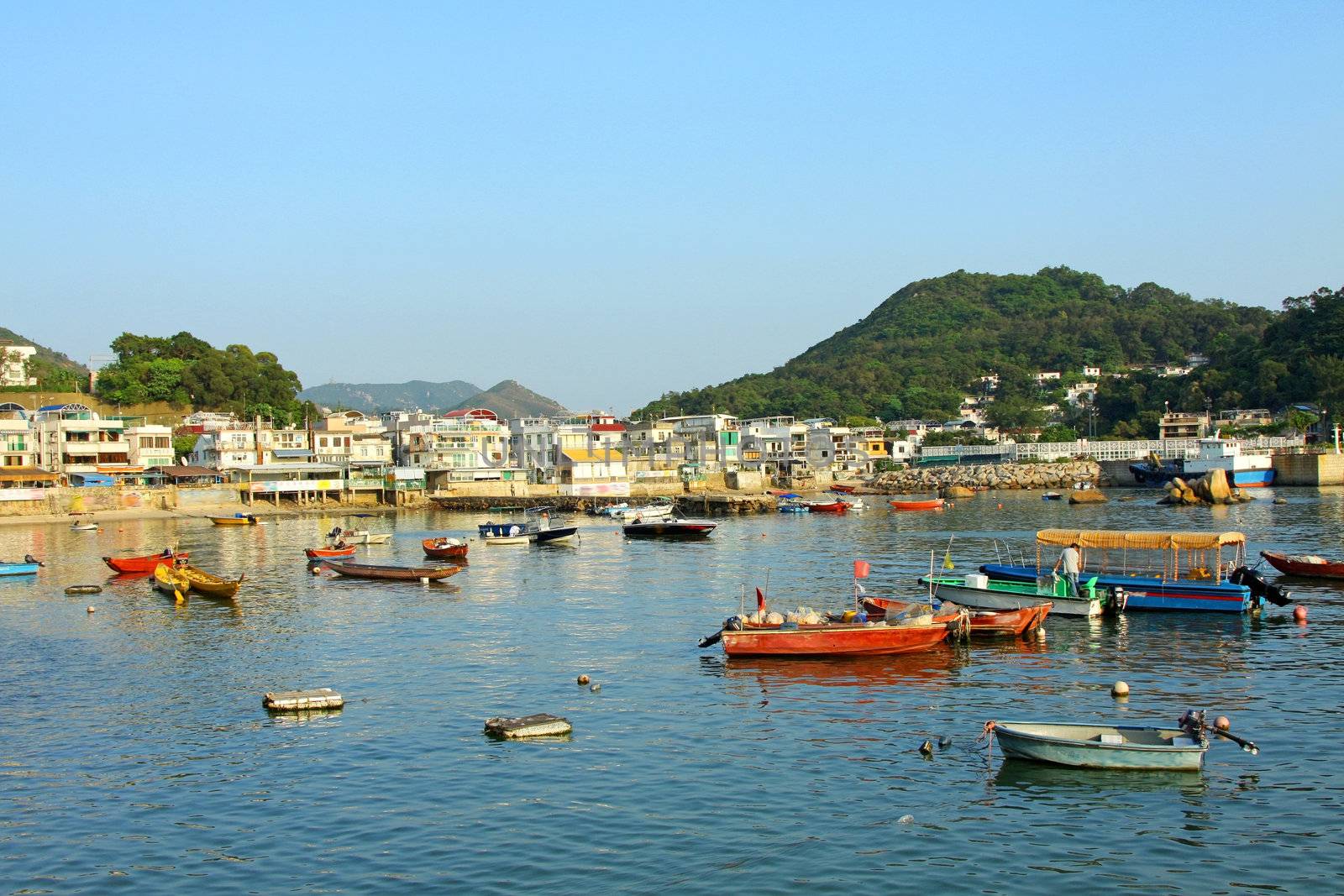 Coastal area with many fishing boats in Lamma Island, Hong Kong.
