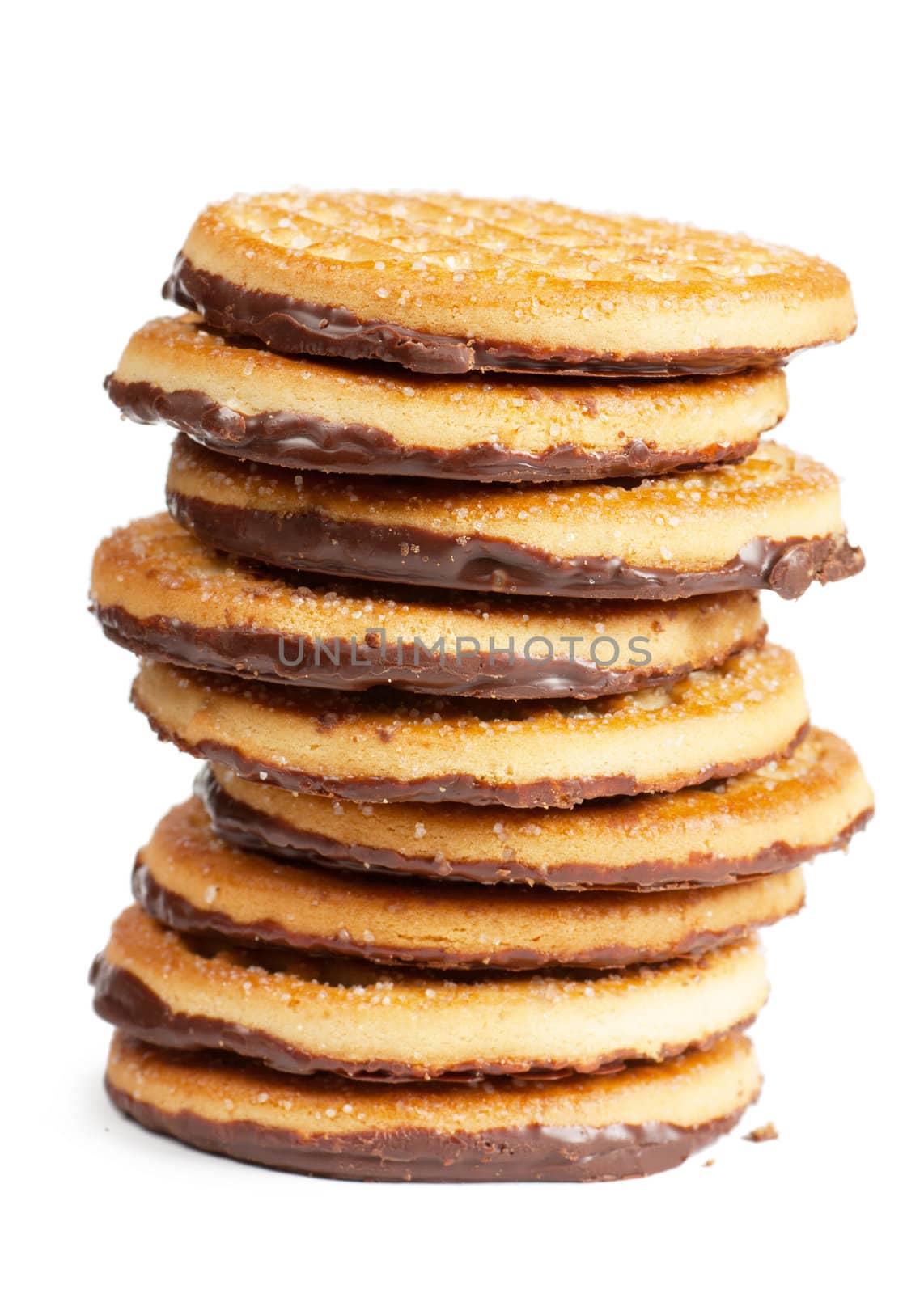 Closeup view of stack of cookies with chocolate over white background