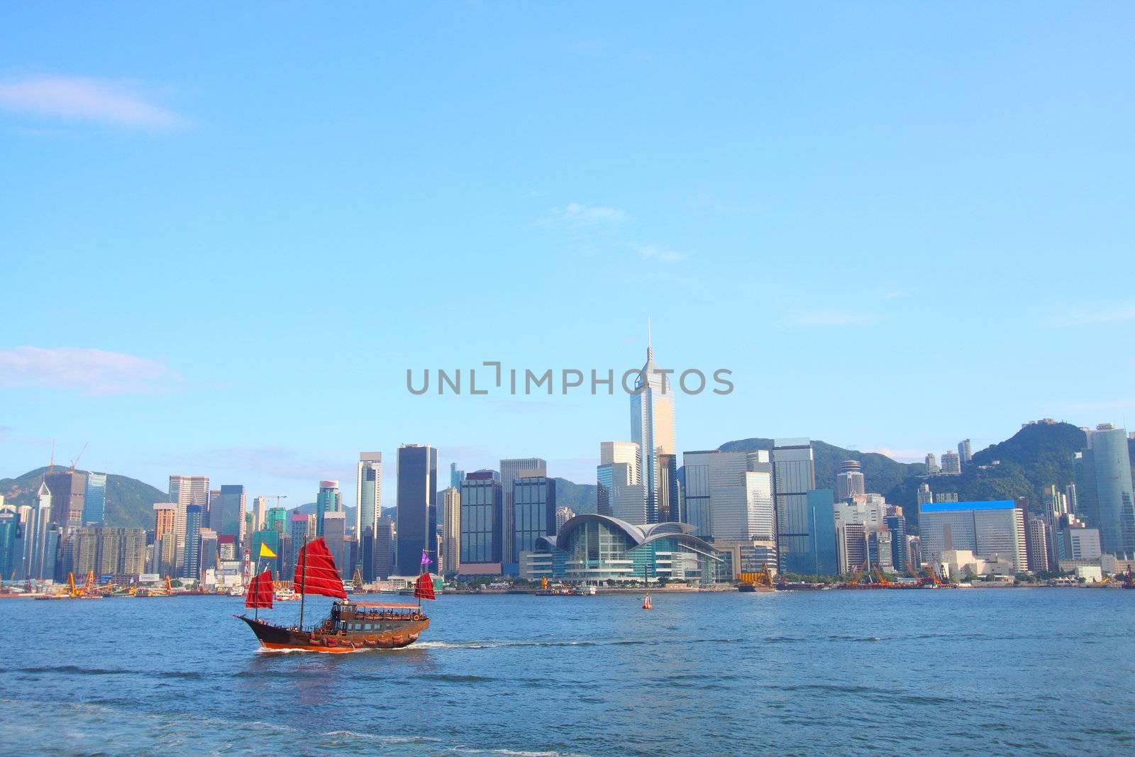 Junk boat in Hong Kong at Victoria Harbour by kawing921