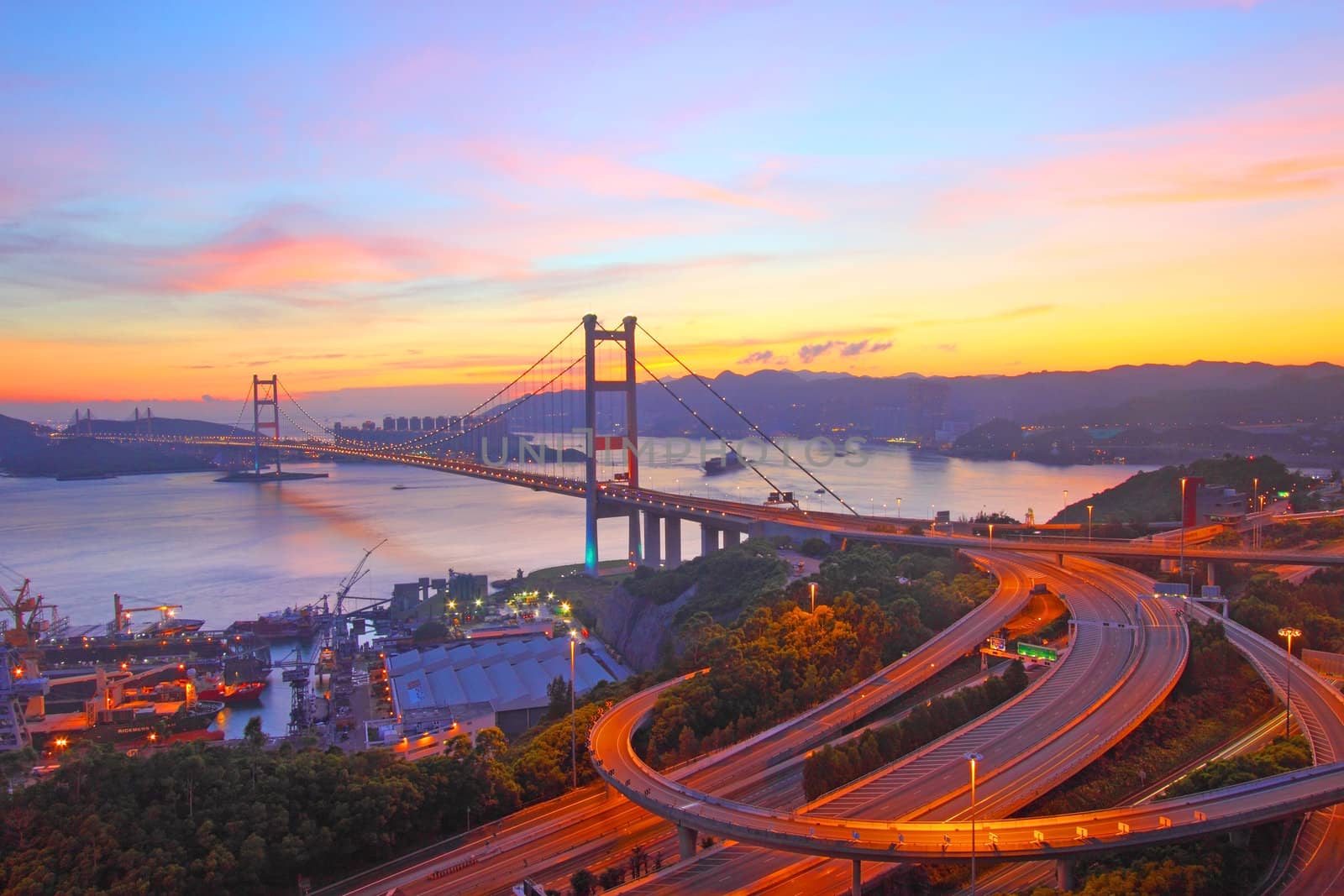 Tsing Ma Bridge in Hong Kong at sunset time