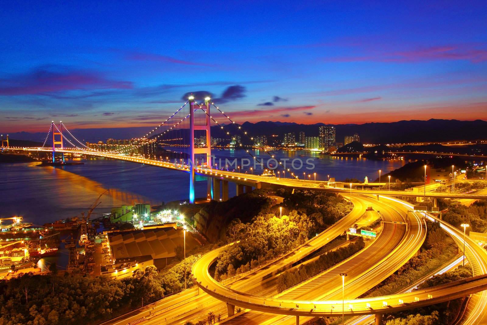 Tsing Ma Bridge in Hong Kong at night