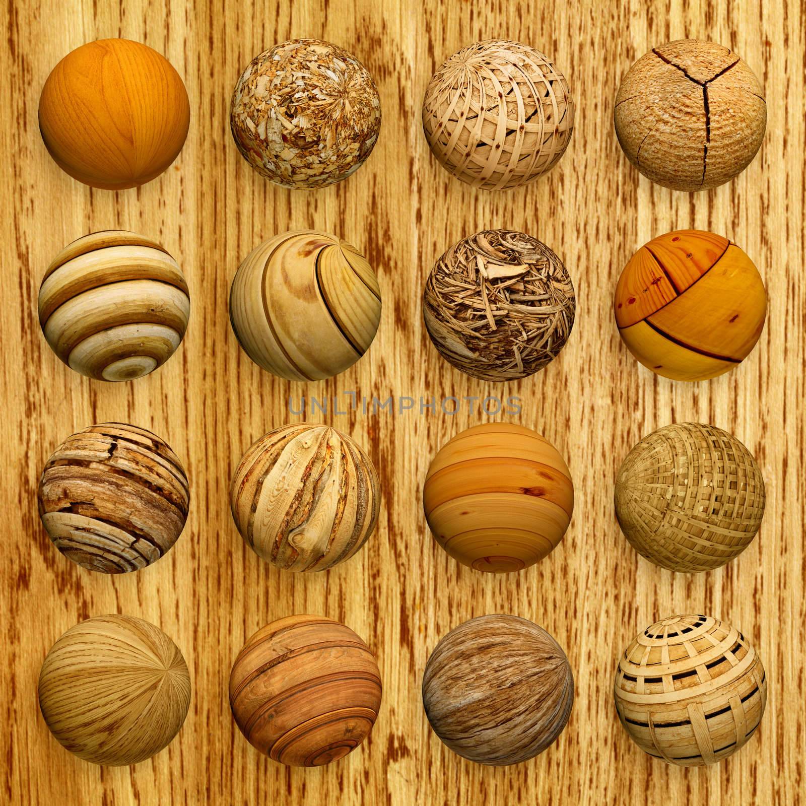 A set of wooden balls against veneer - collage