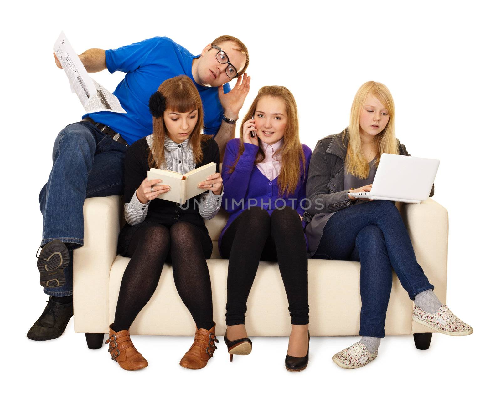 Father watching his daughter and her friends isolated on white background