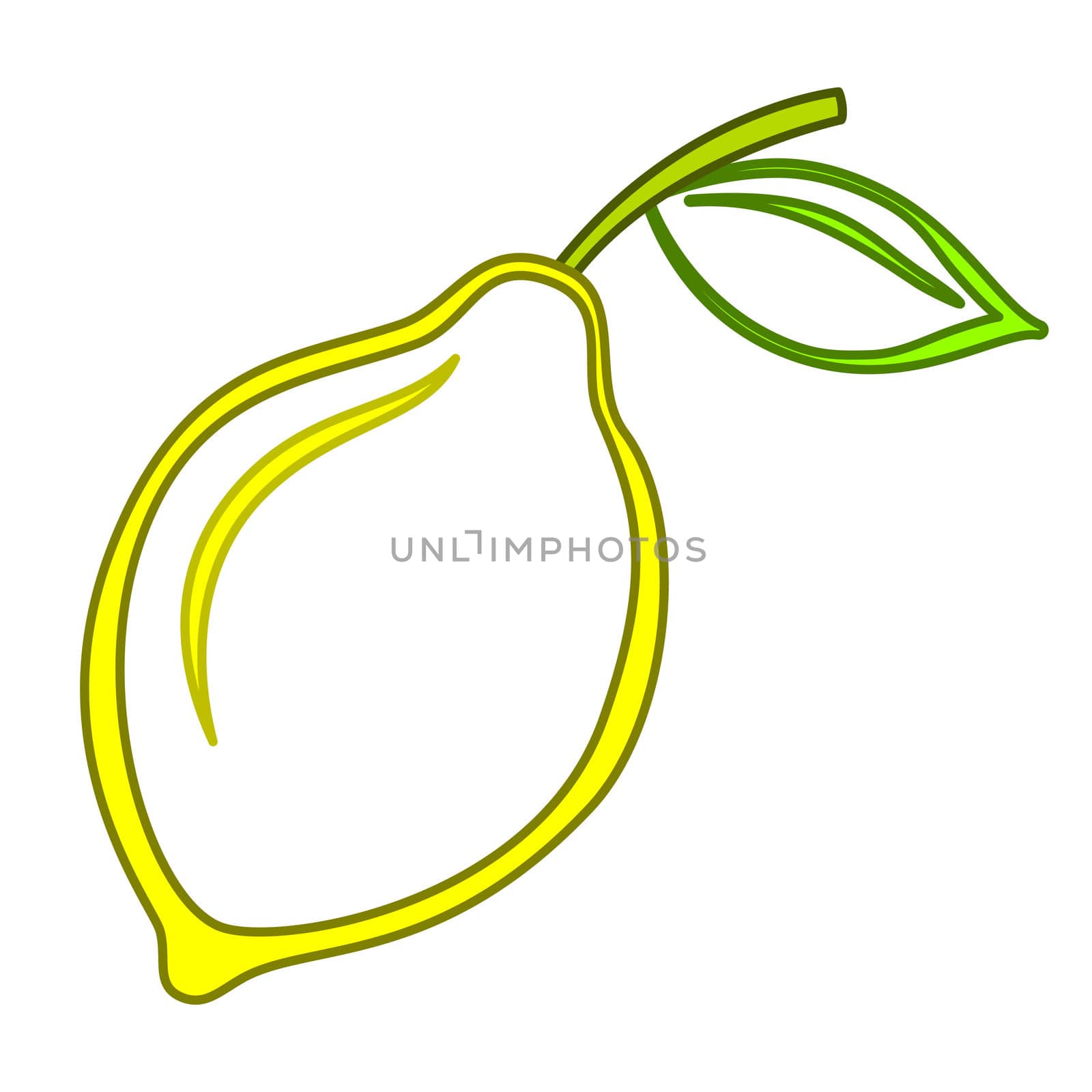 yellow symbolical lemon with green leaf, isolated
