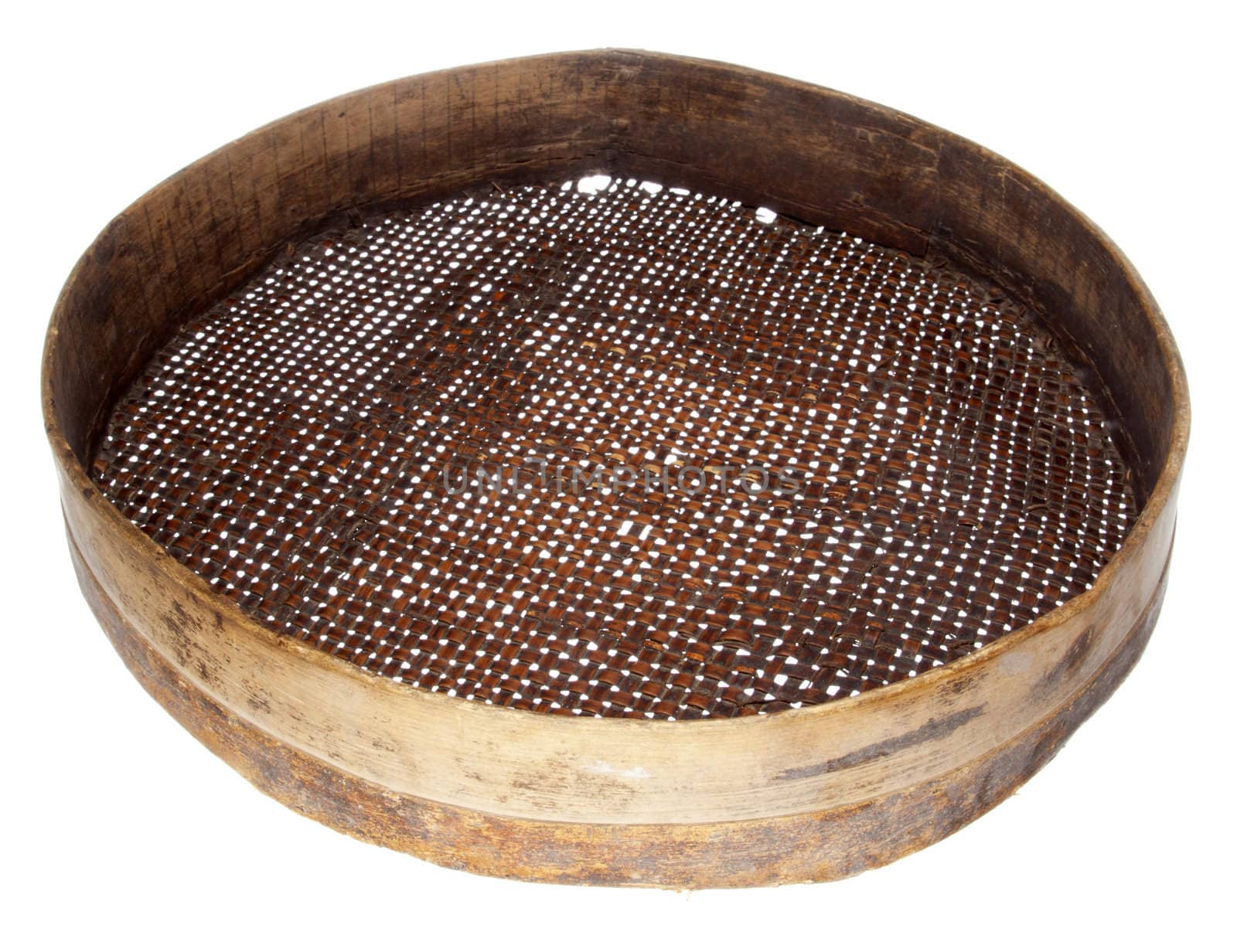 old wooden sieve isolated on white 