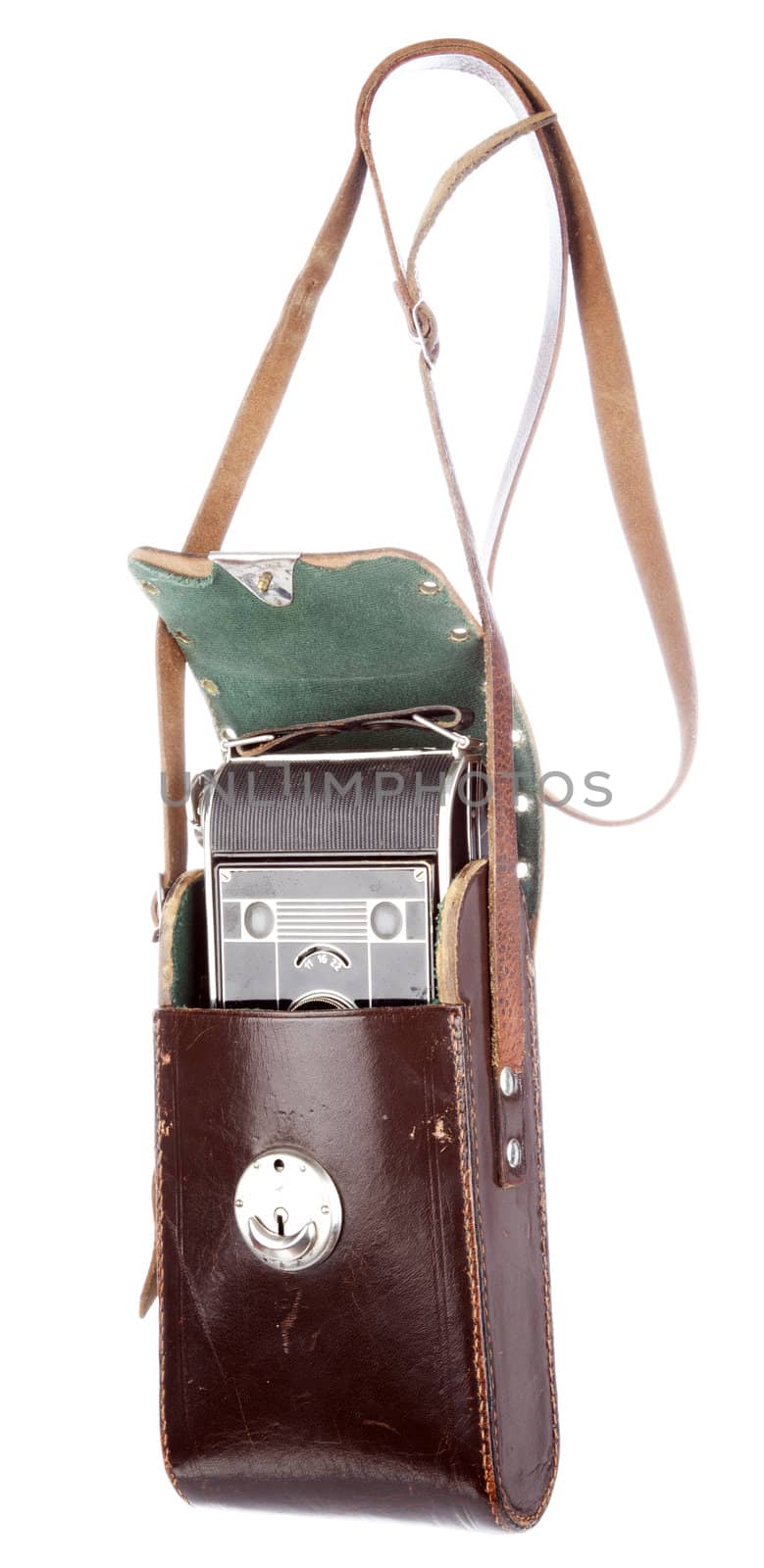 Old photo camera in leather case 