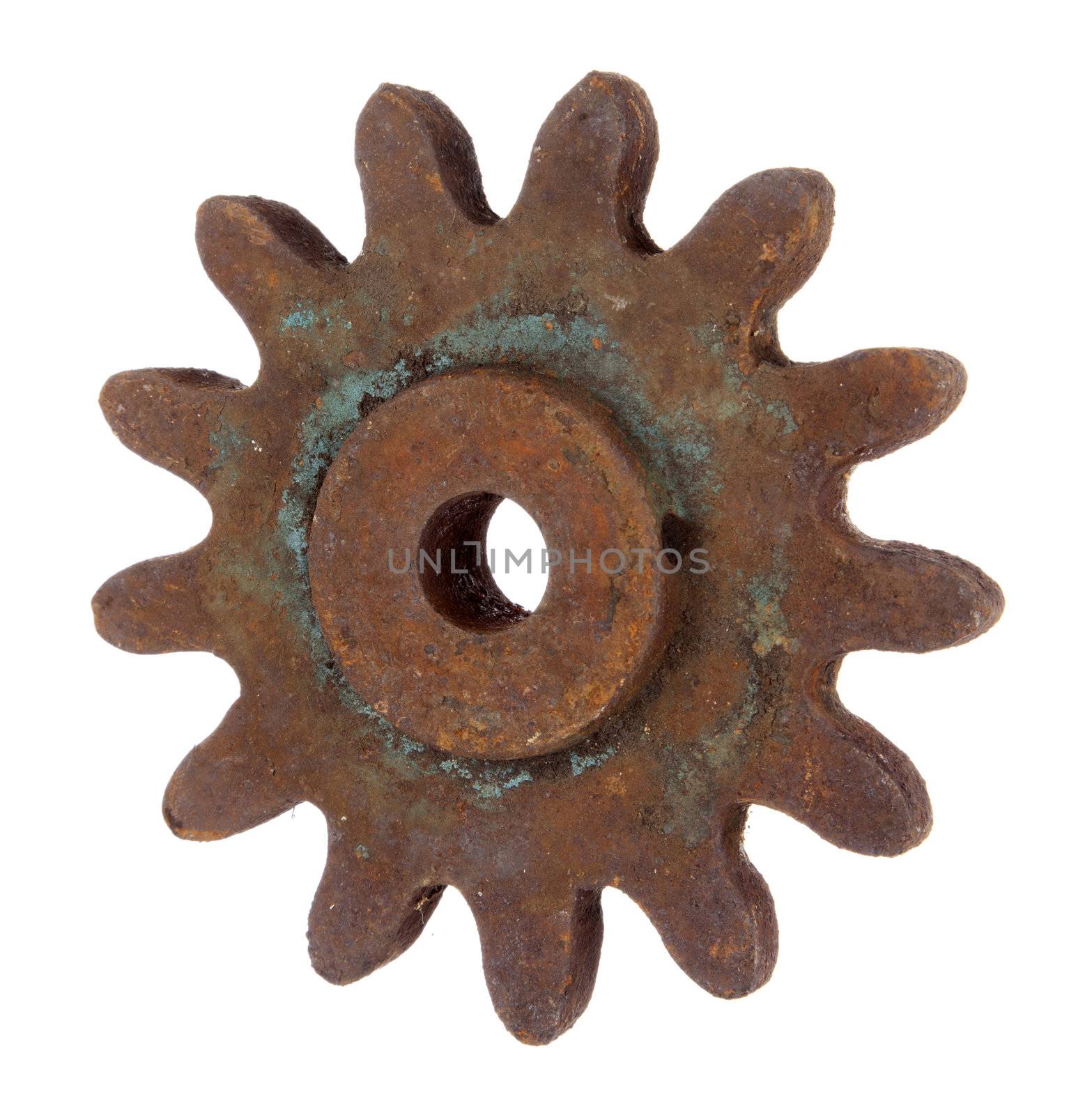 Old rusty gear isolated on white background 