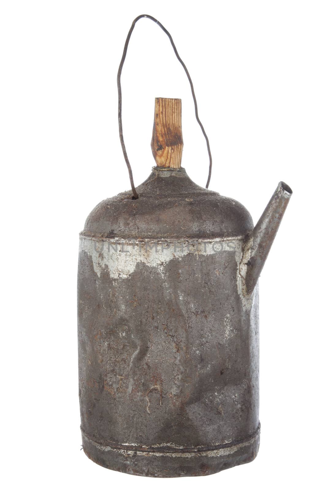 Antigue rusty old oil can view on white background