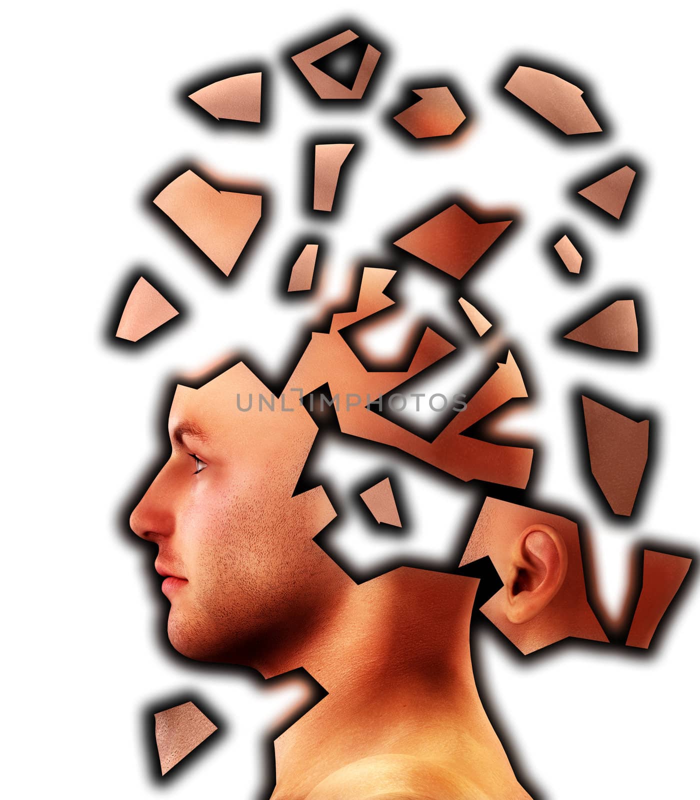 Conceptual image showing a mans mind that is cracking up.