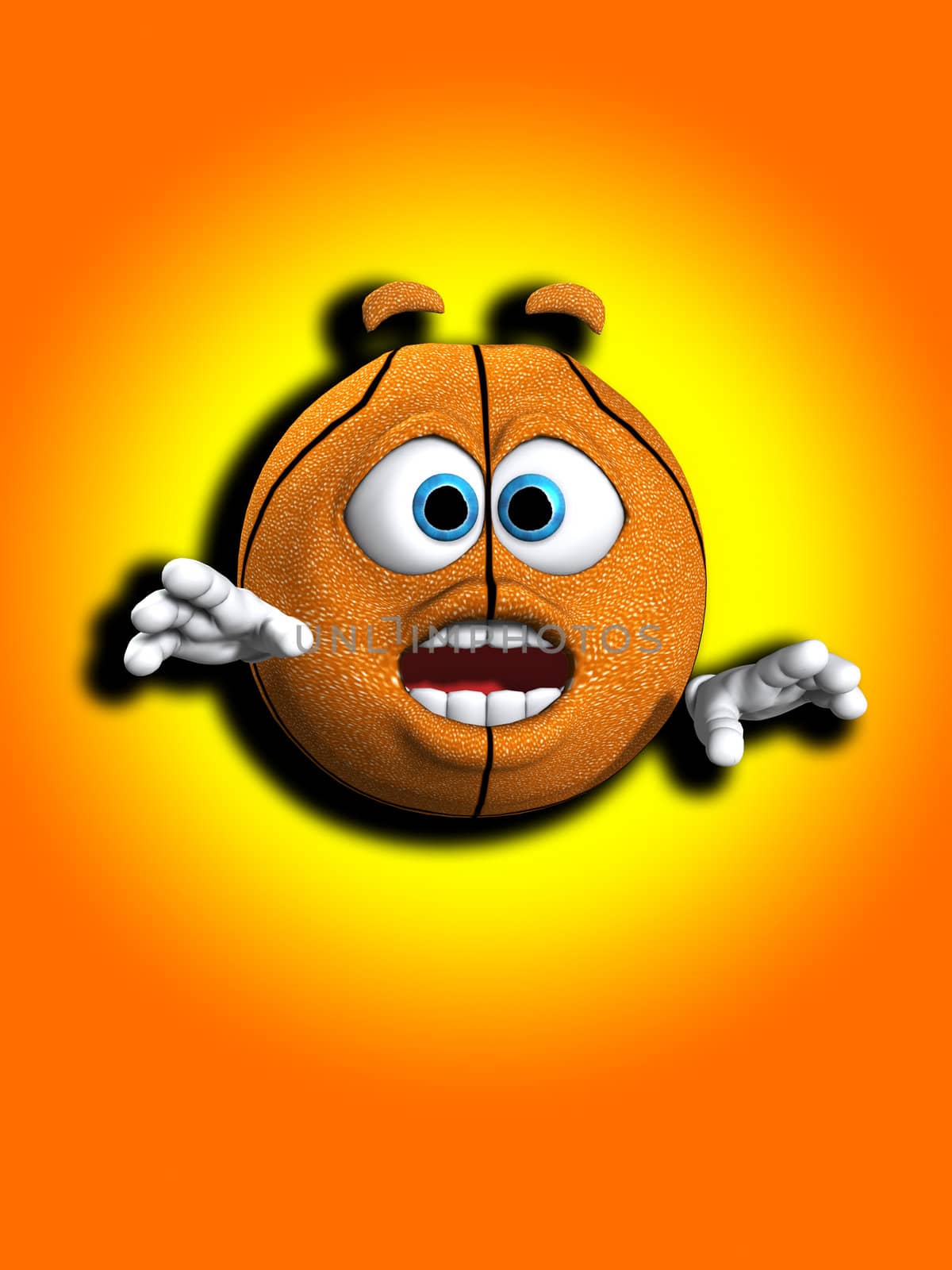 Humorous image showing a very worried looking cartoon basketball.