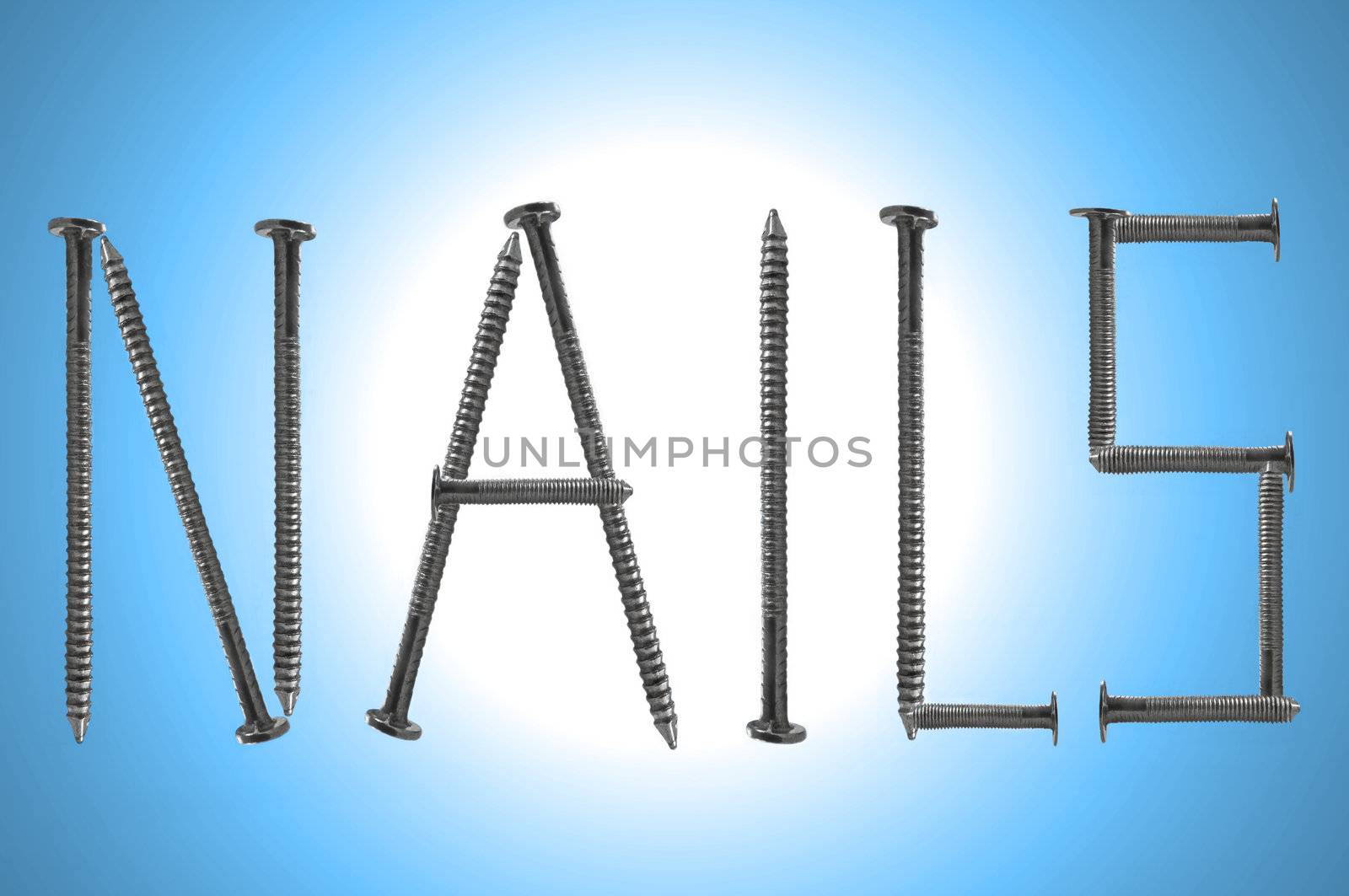 Close up of several steel nails arranged to form the word NAILS over blue effect background