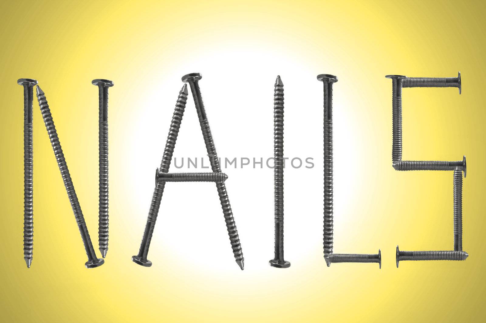 Close up of several steel nails arranged over yellow light effect to spell the word NAILS