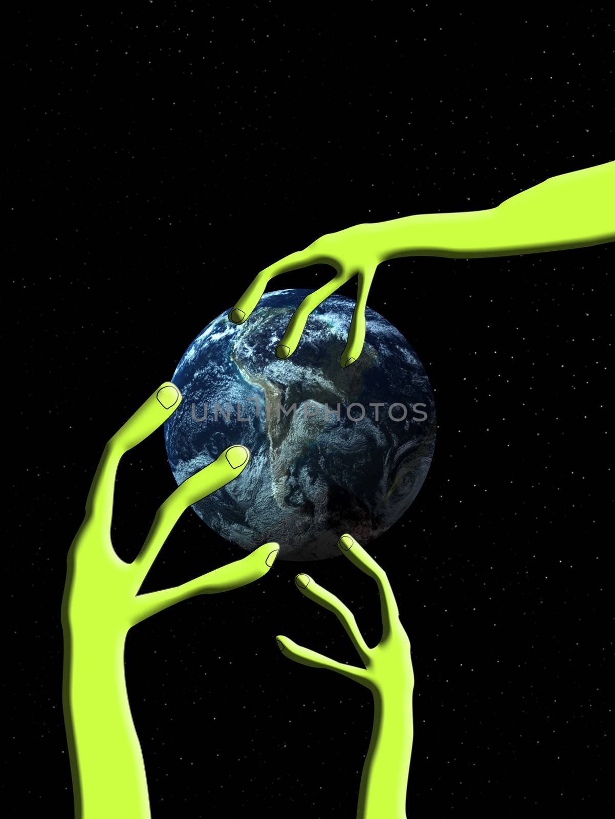 Conceptual image showing an alien hand that is grabbing the world.