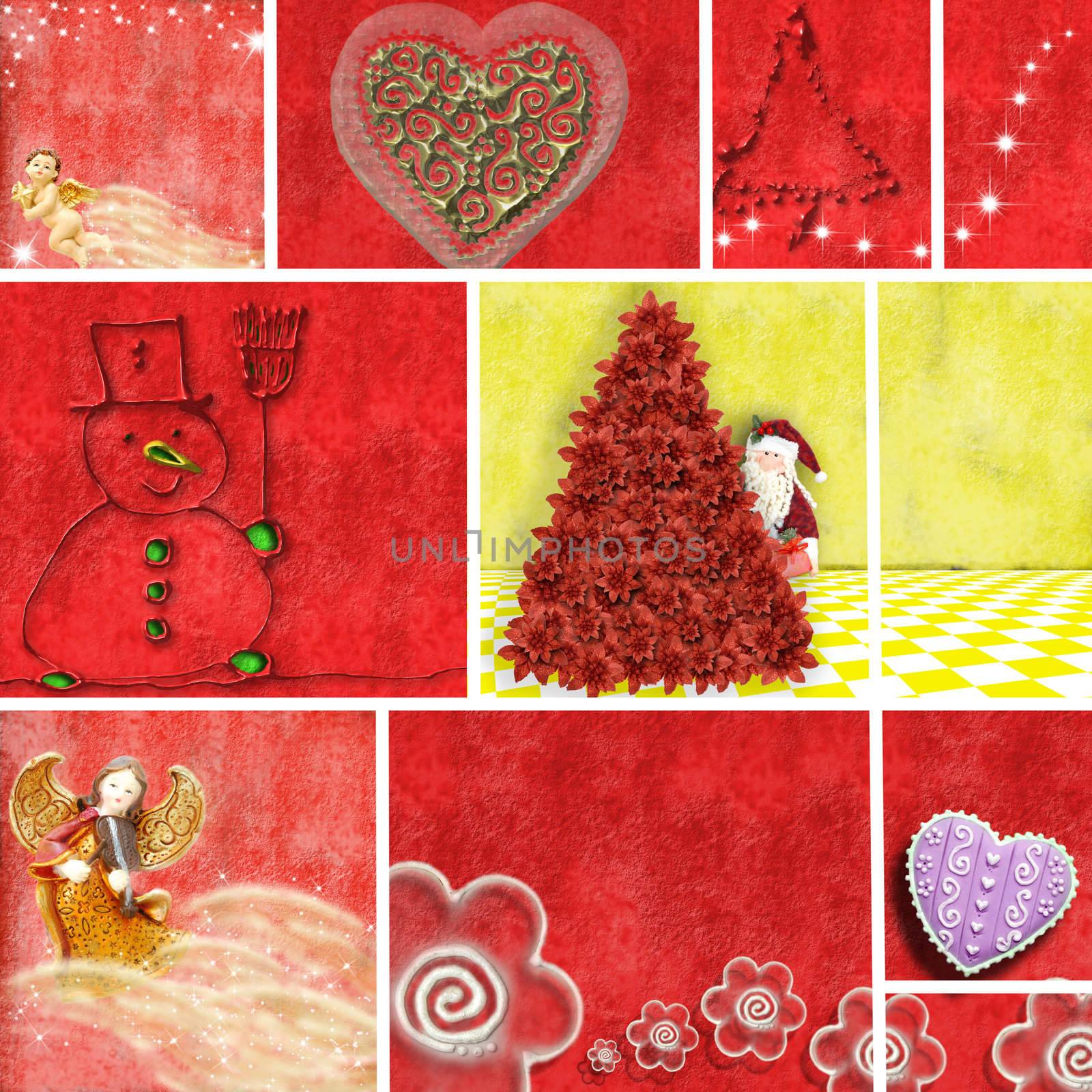Christmas collage illustrations in shades of red and yellow