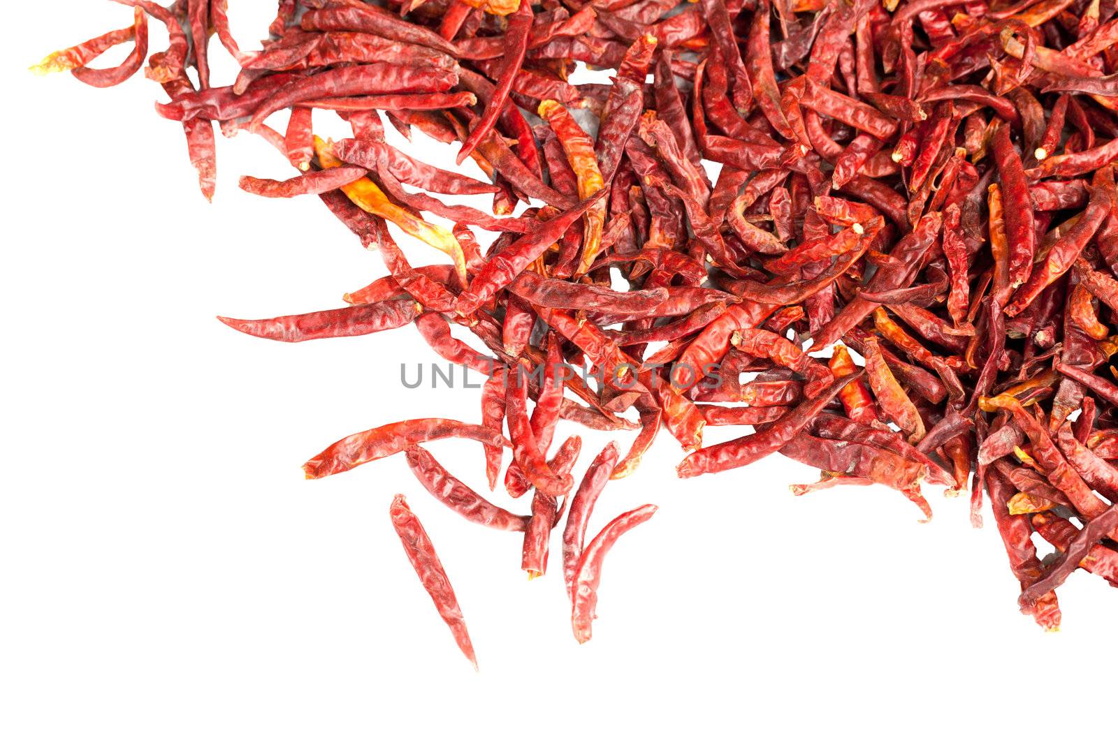 Isolate Dried chilli peppers background by Suriyaphoto