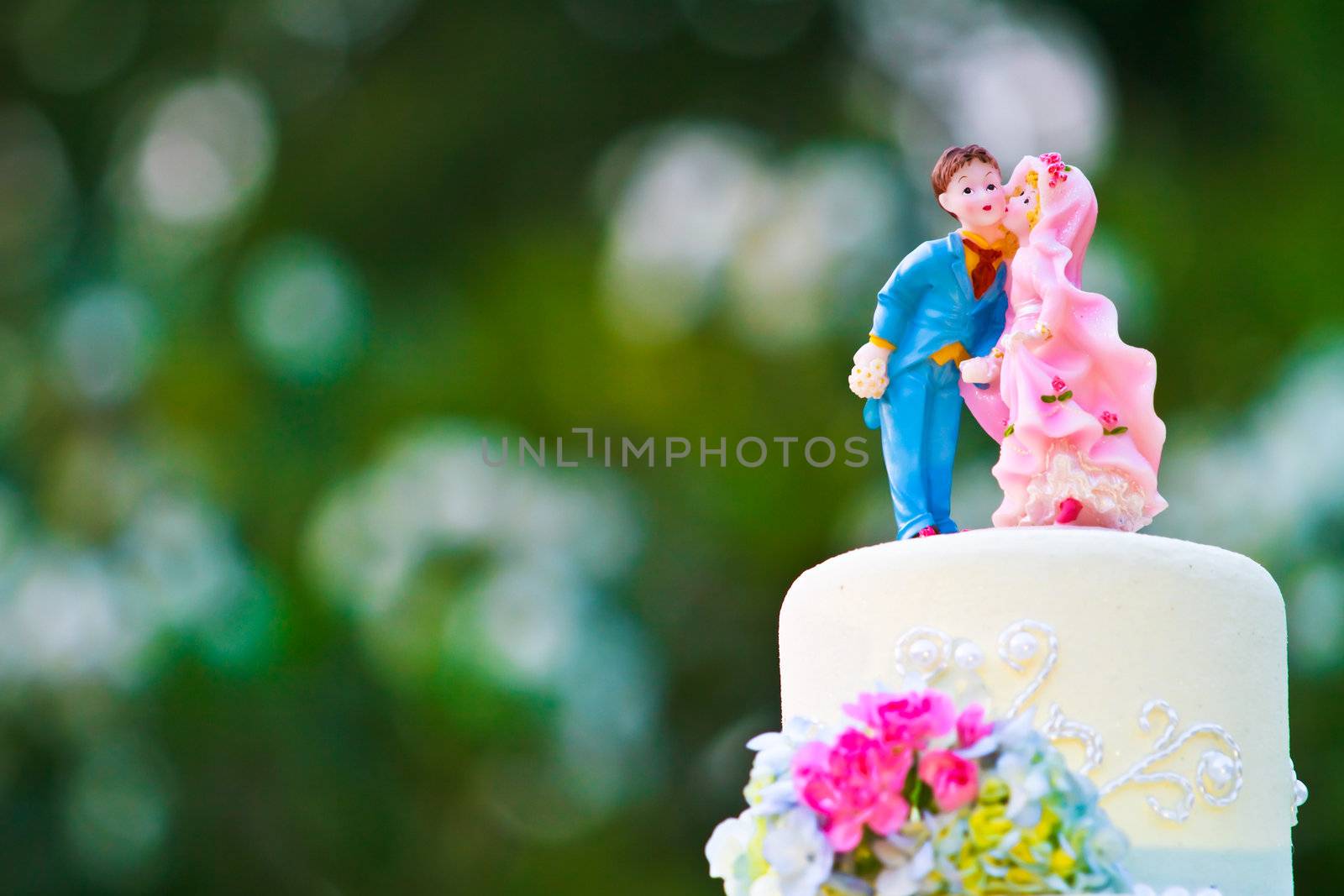 Bride and Groom cake toppers on a wedding cake