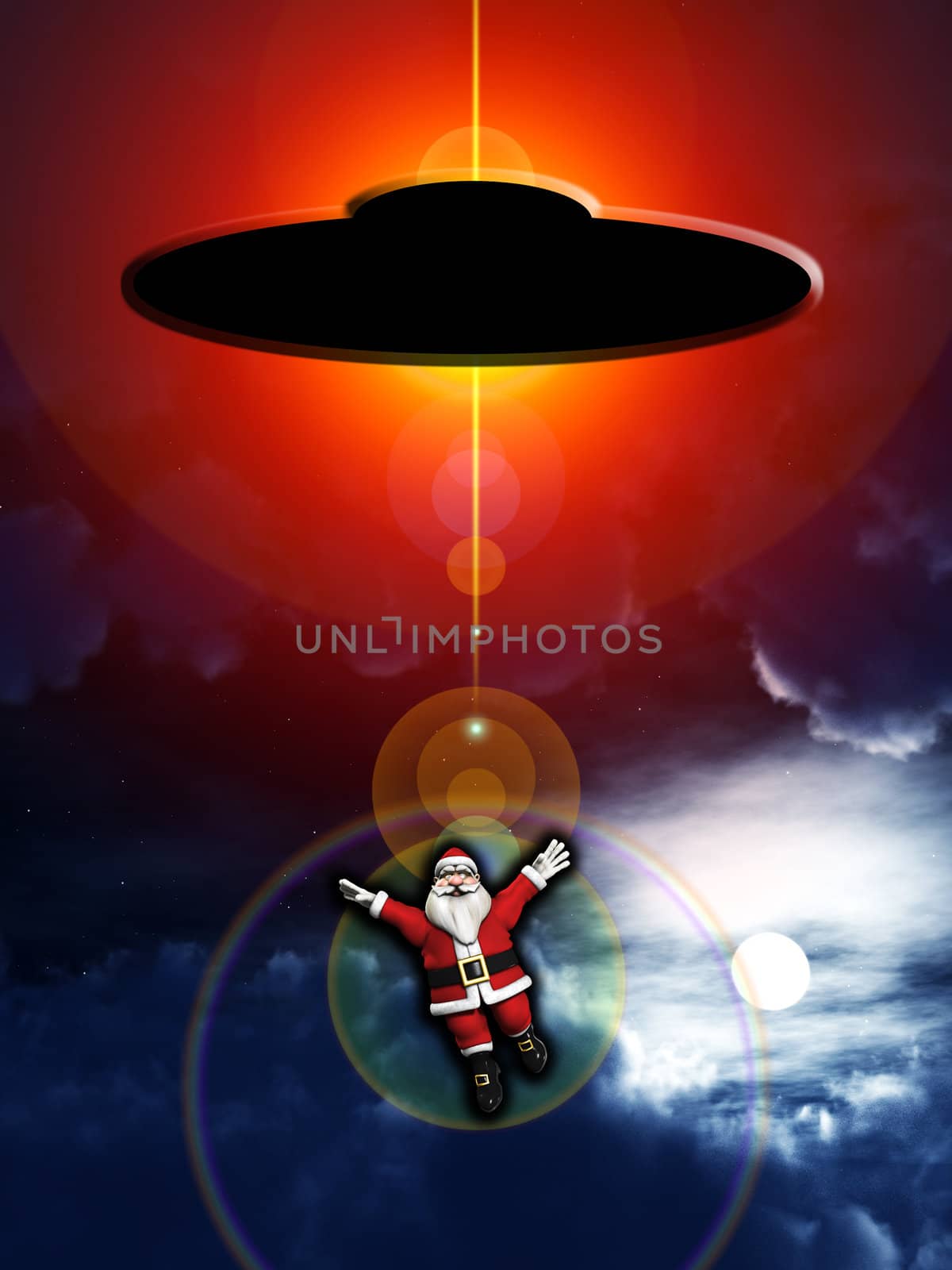 Santa Claus being abducted by a UFO.