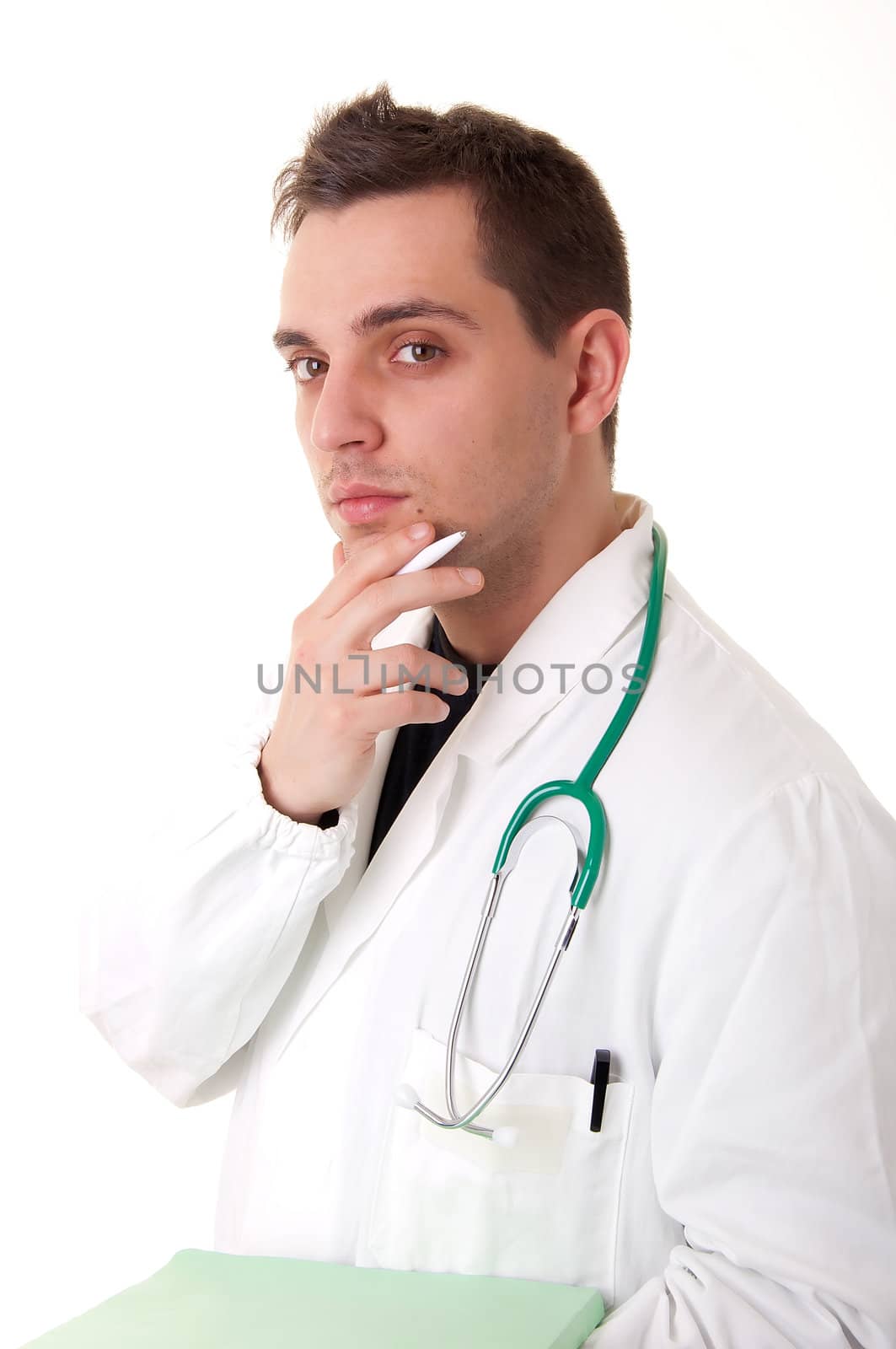 Male doctor with pen are thinking