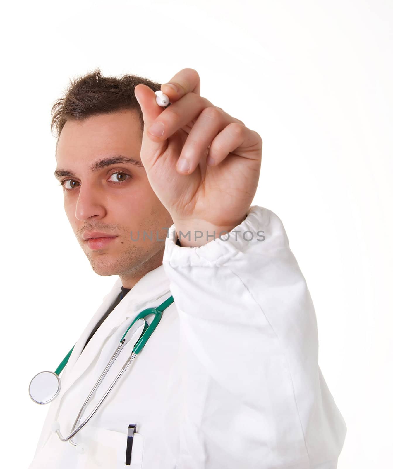 Male doctor with pen are writing 