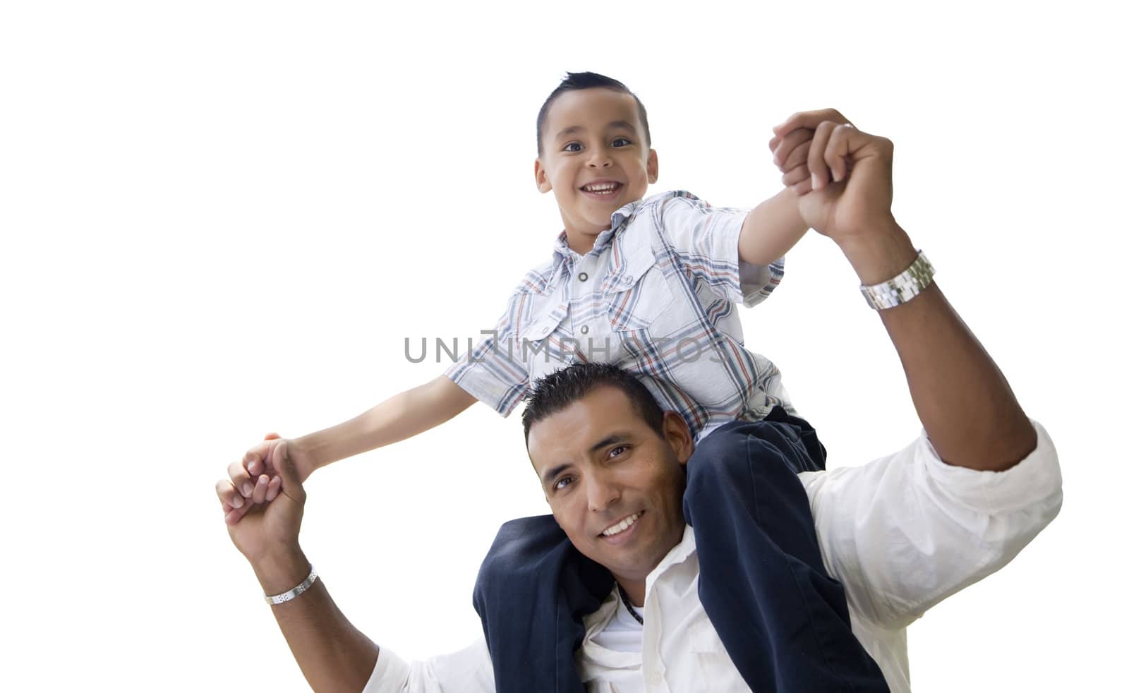 Hispanic Father and Son Having Fun Isolated on a White Background.