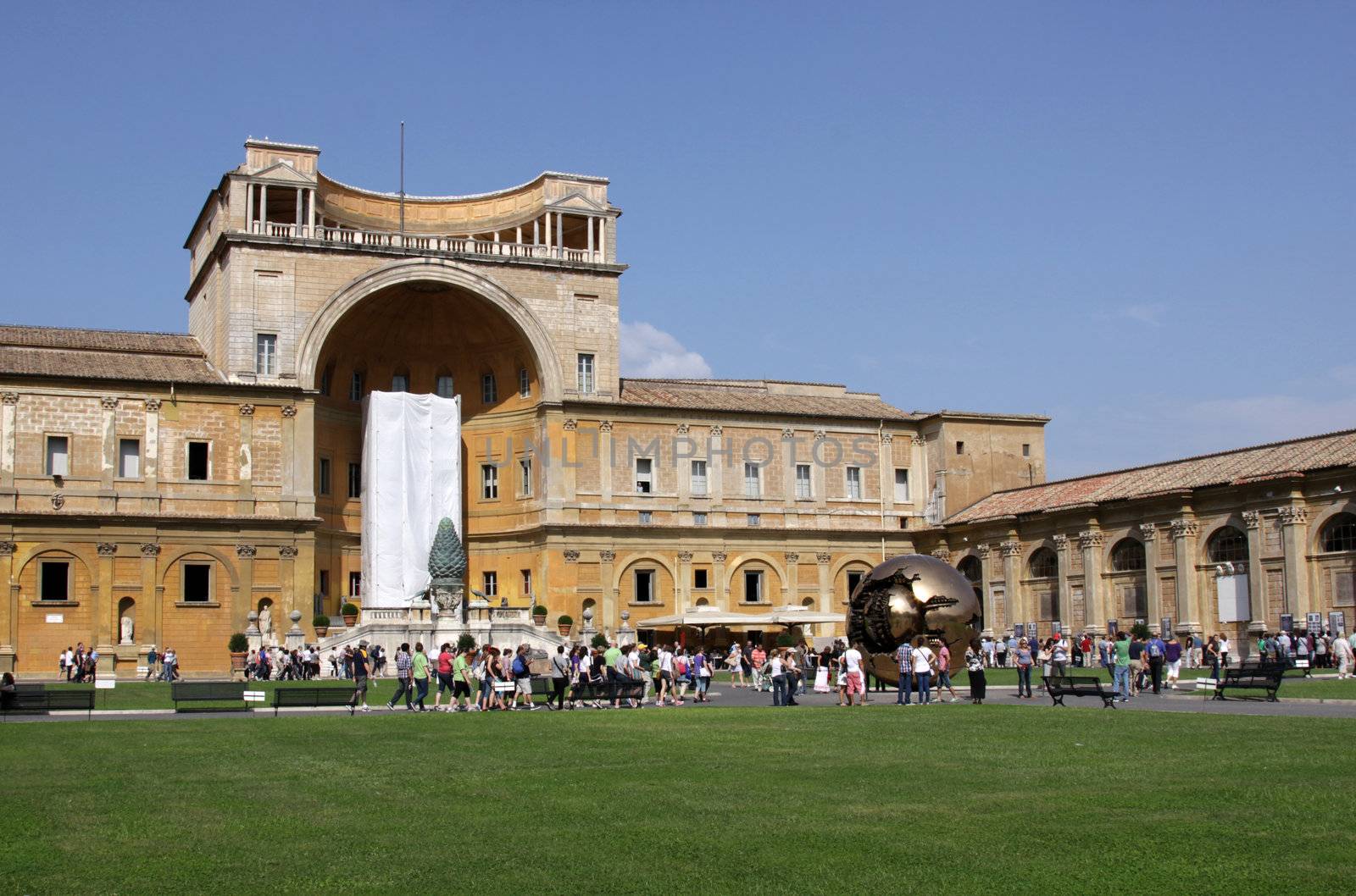 The courtyard of the Vatican Museums featuring the Sphere within Sphere by Arnaldo Pomodoro.