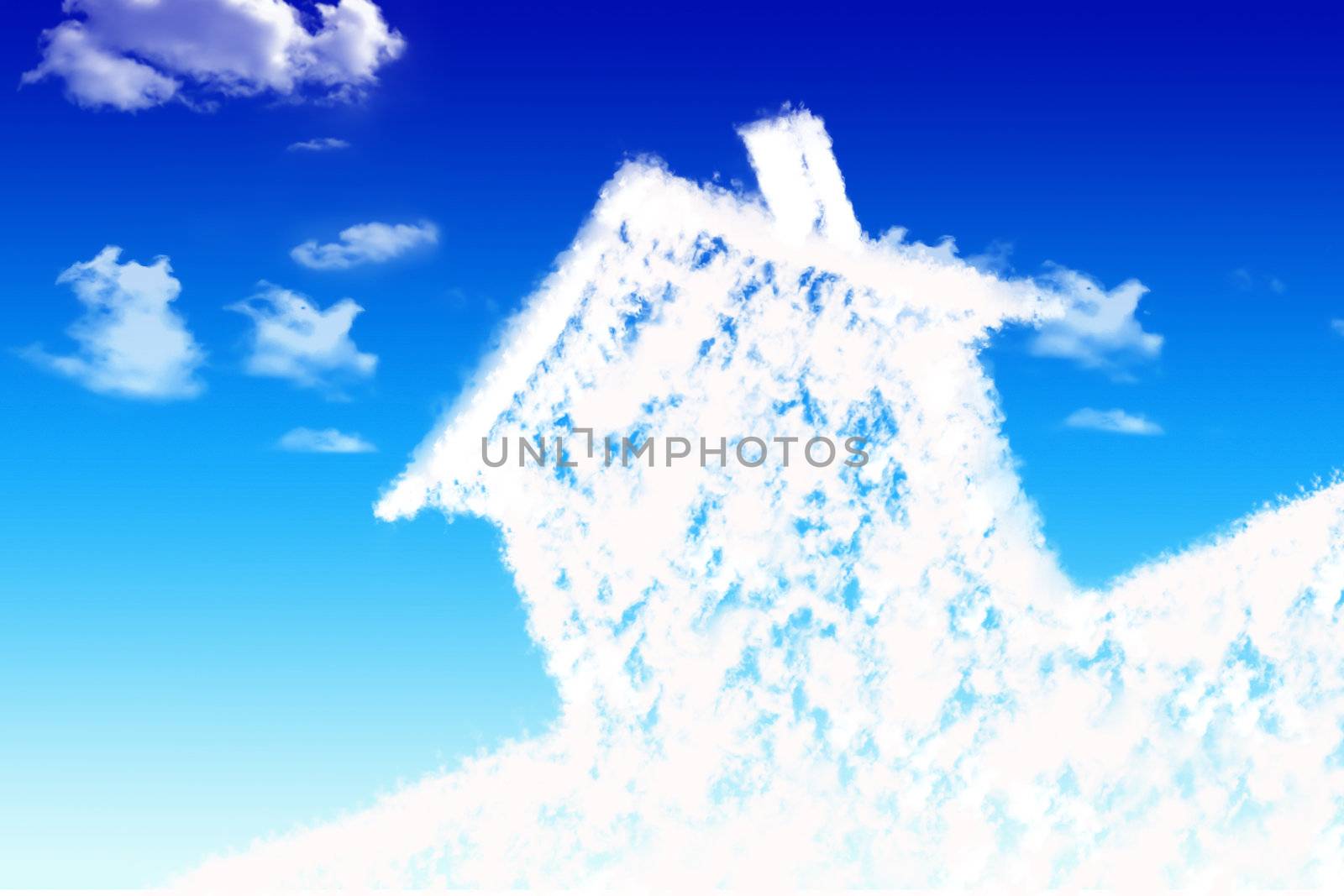Eco house metaphor. House with sky and clouds