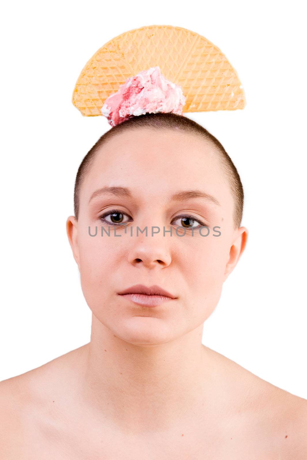 Young goodlooking woman with a ice cream on her head