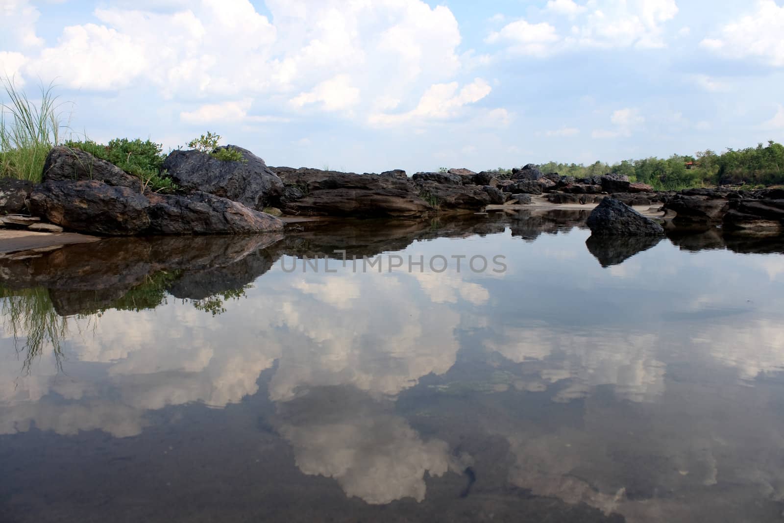 Sky reflecting from a water puddle