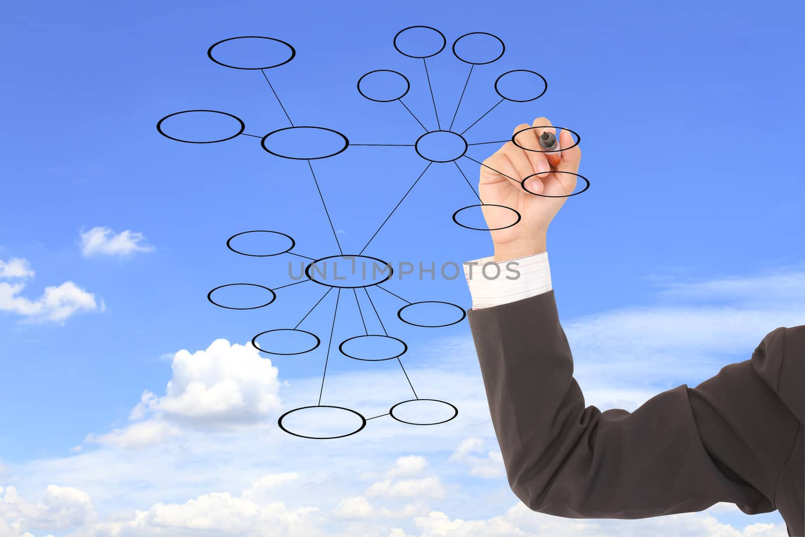 Businesswoman drawing diagram on a natural background.