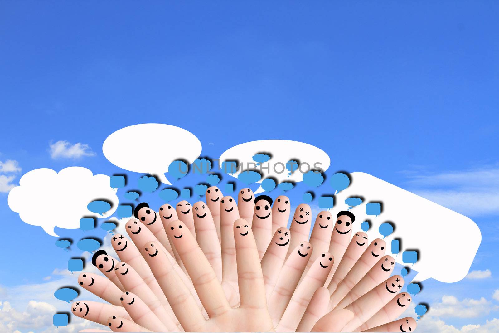 group of finger faces with social chat sign and speech bubbles