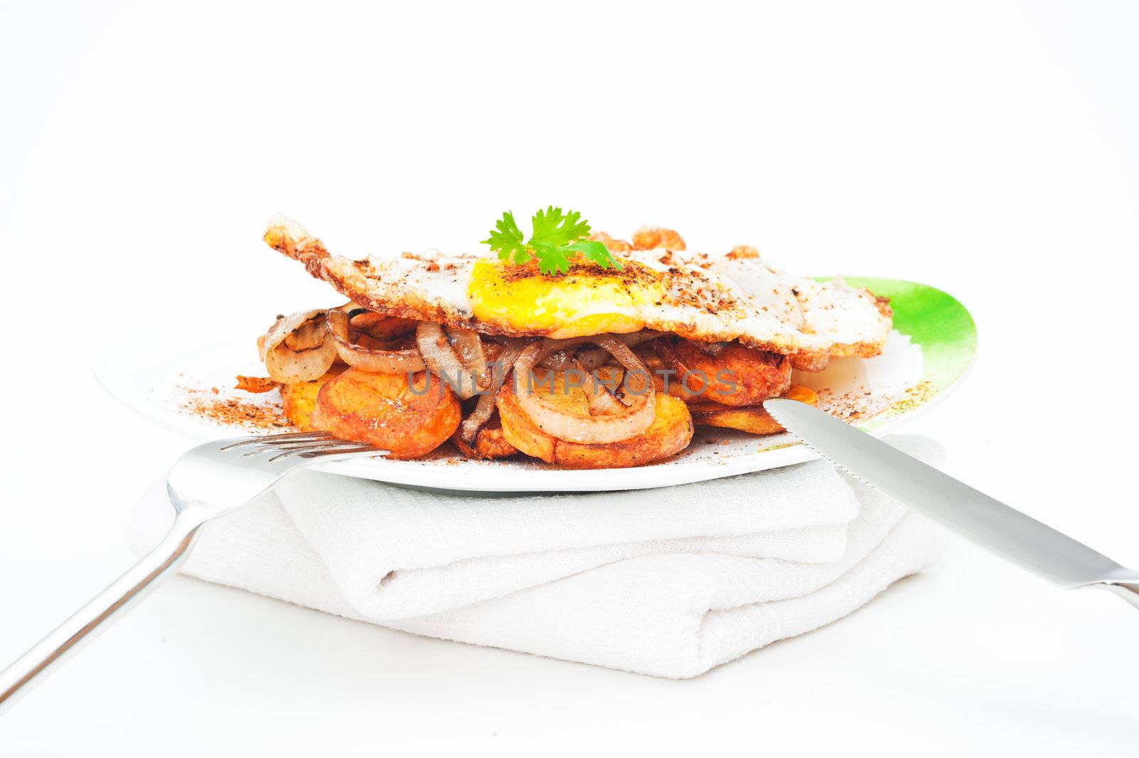 Plate with fried potatoes and fried egg