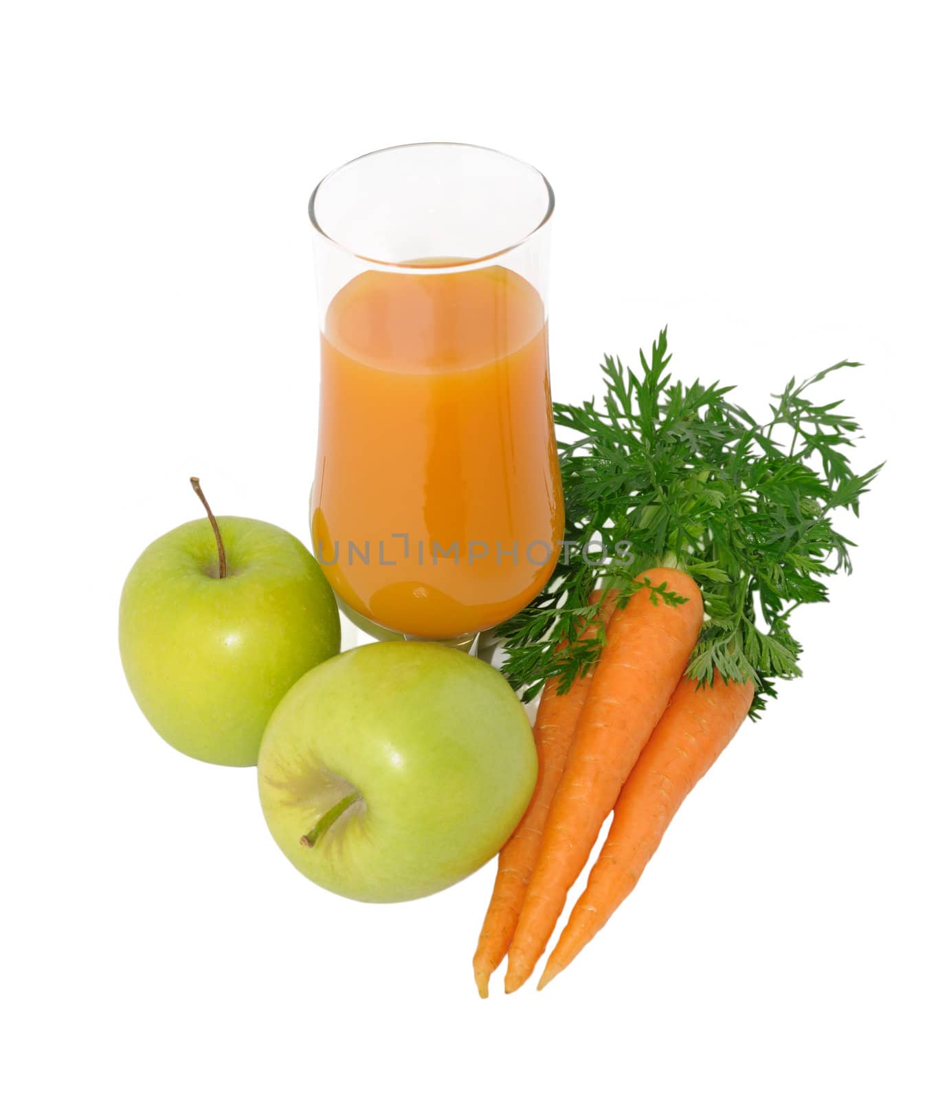 Carrot juice with apples and carrots on a white background