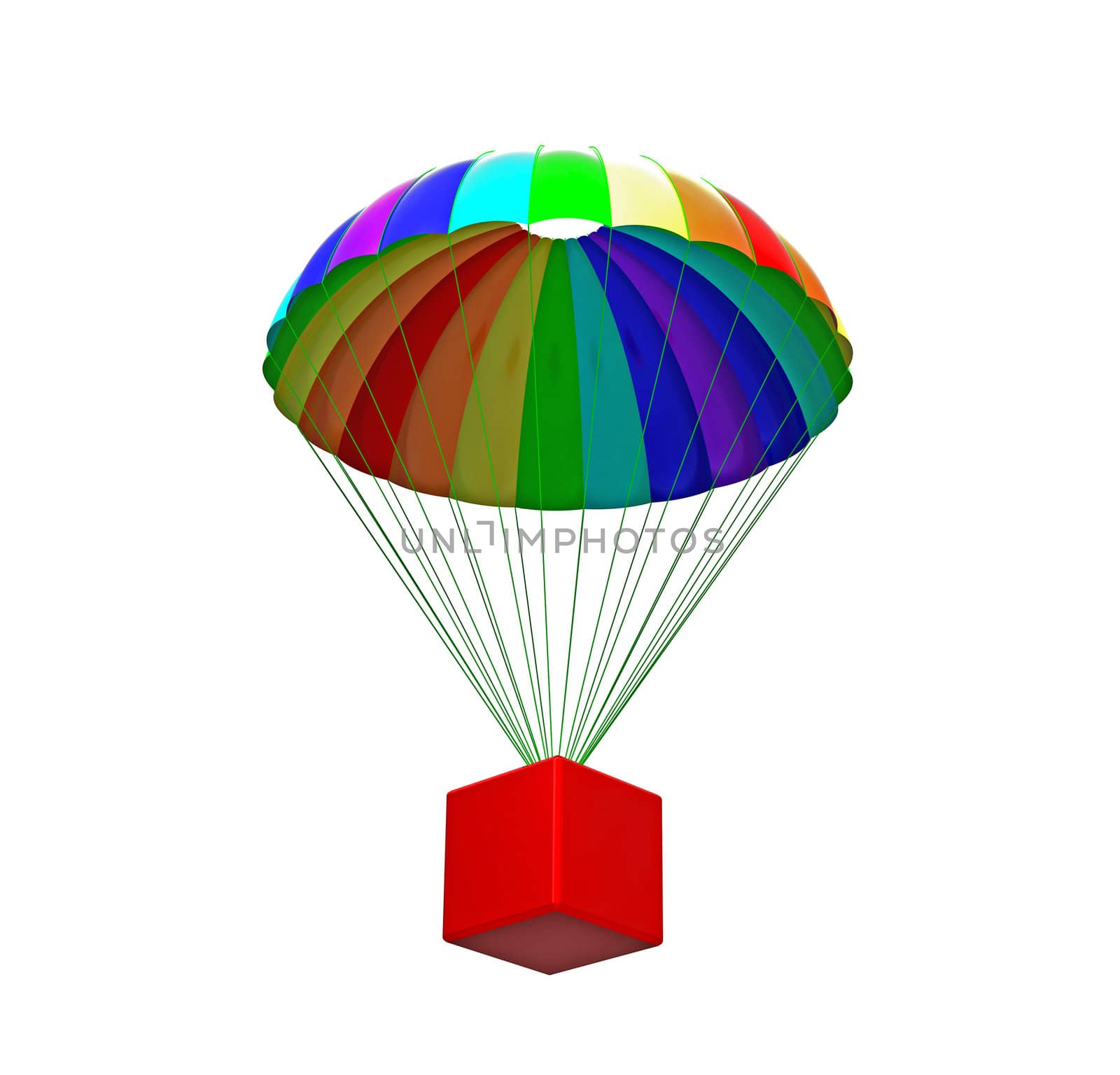 Rainbow parachute with package isolated on white 3d render