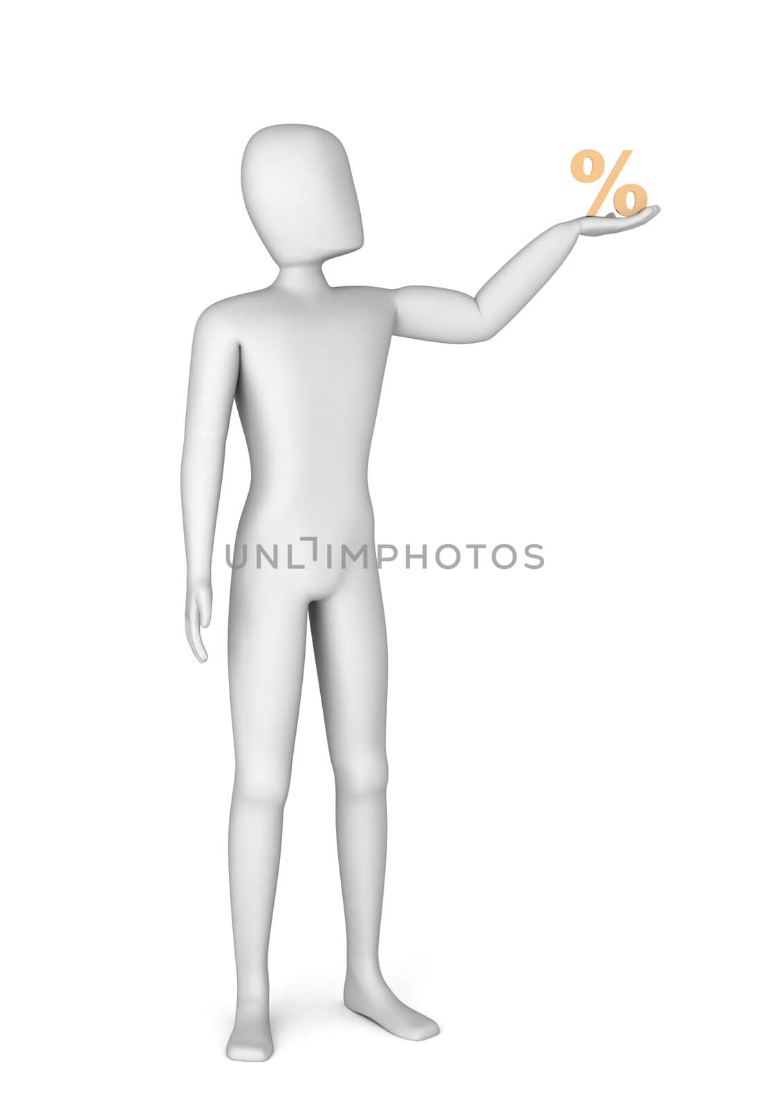 3d man holding in hand golden percentage on a white background