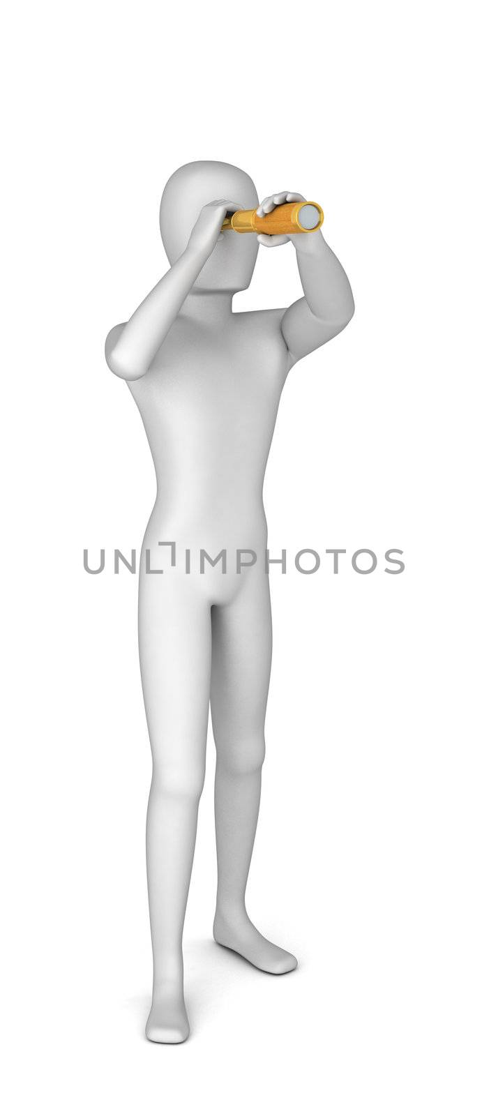 3D Man Looking Through in Spyglass on white background