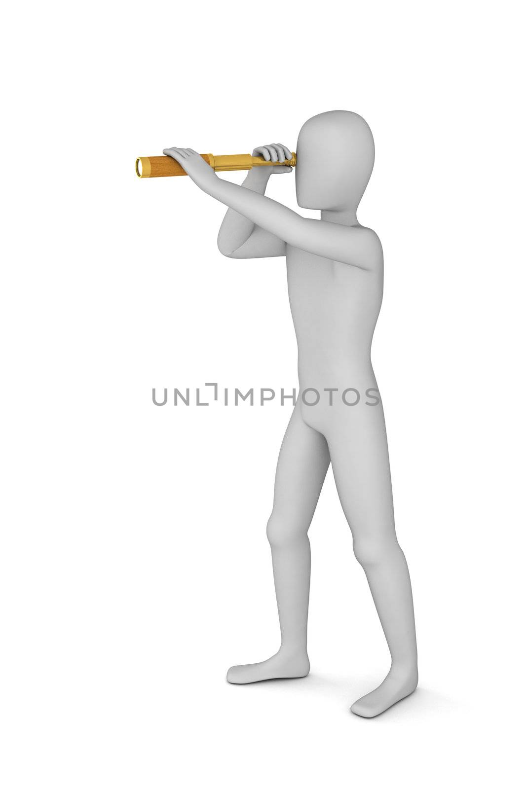 3D Man Looking Through in Spyglass on white background