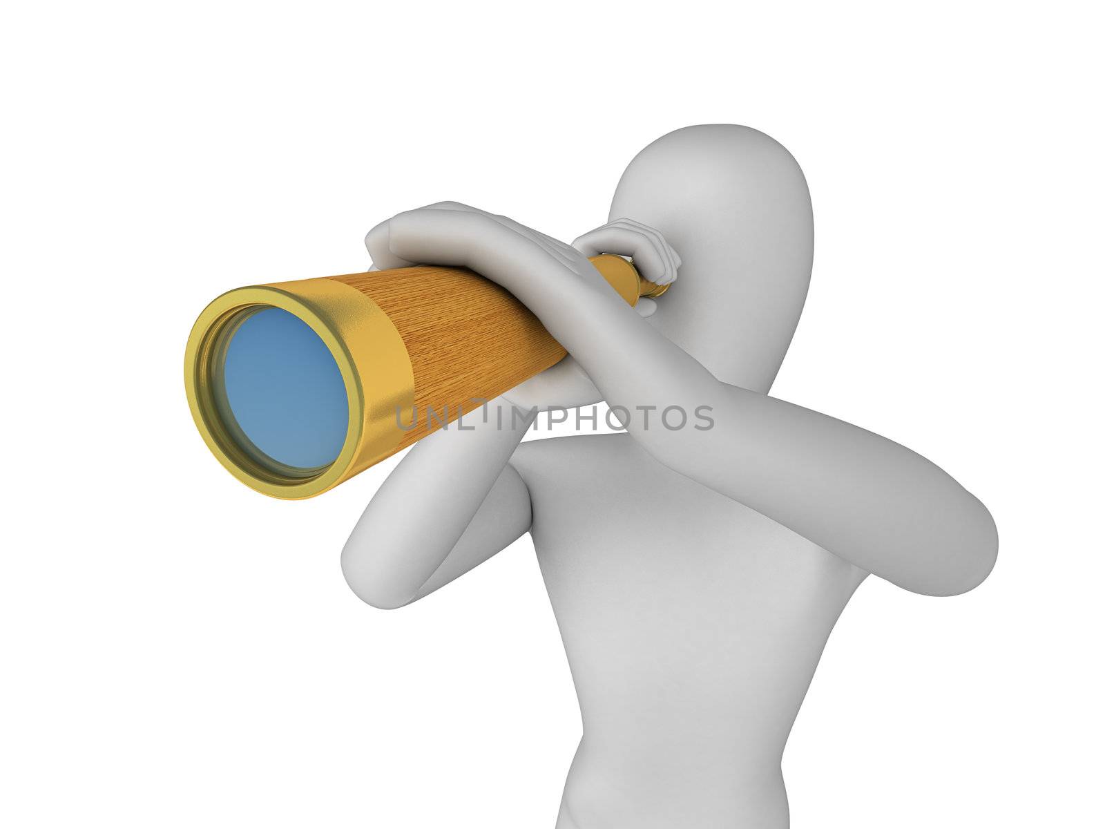 3D Man Looking Through in Spyglass on white background