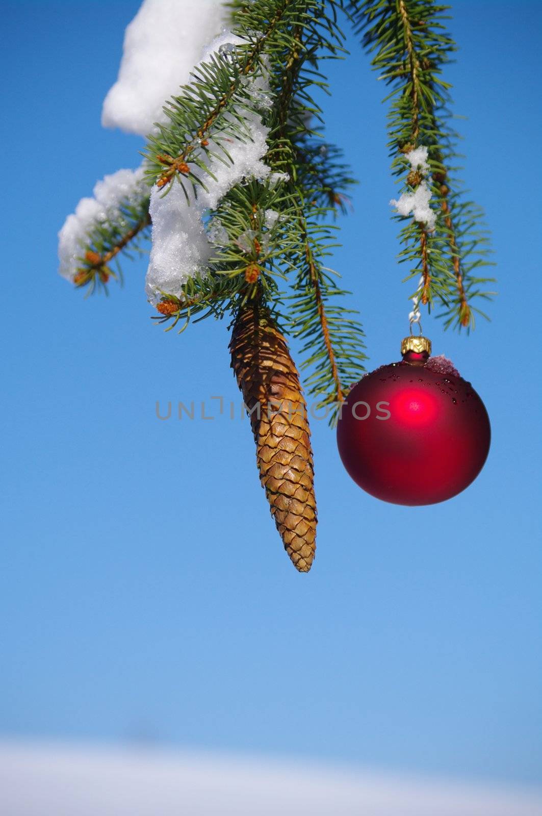 red bauble christmas ball ornament outside in a snowy winter scene