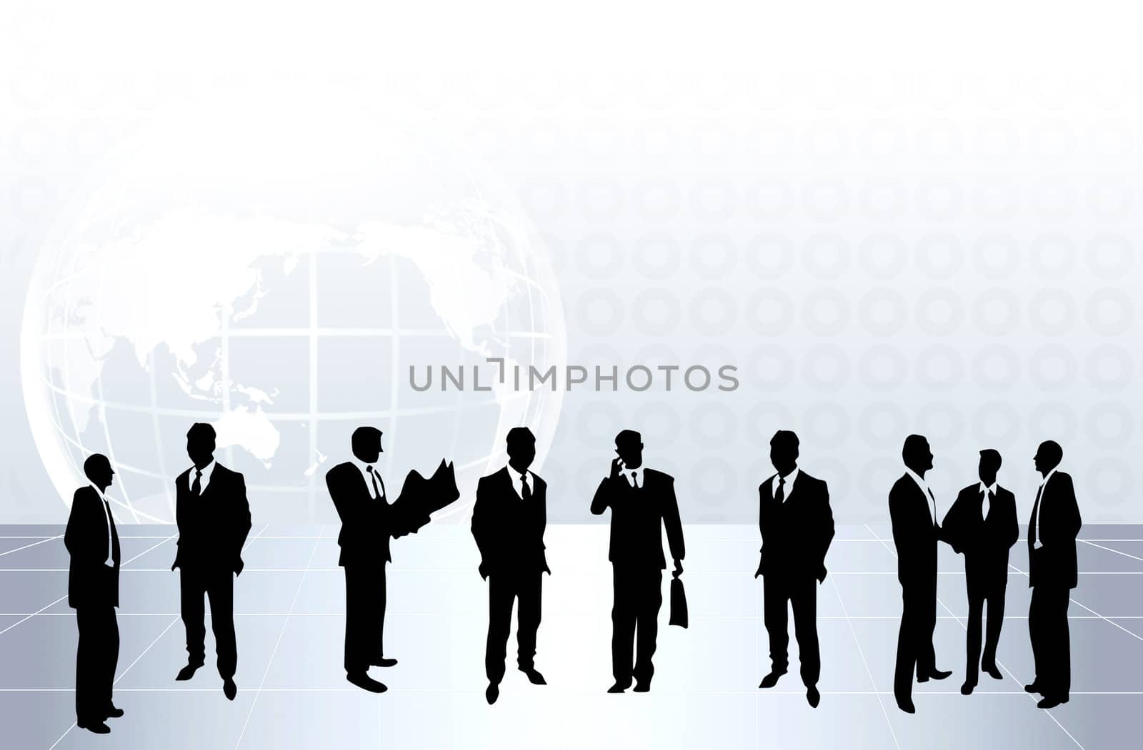 BusineSilhouettes of business people ssmen standing in front of an earth map