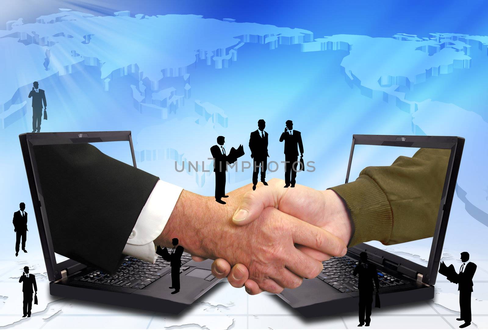 Hand shake between a businessman and a laptop